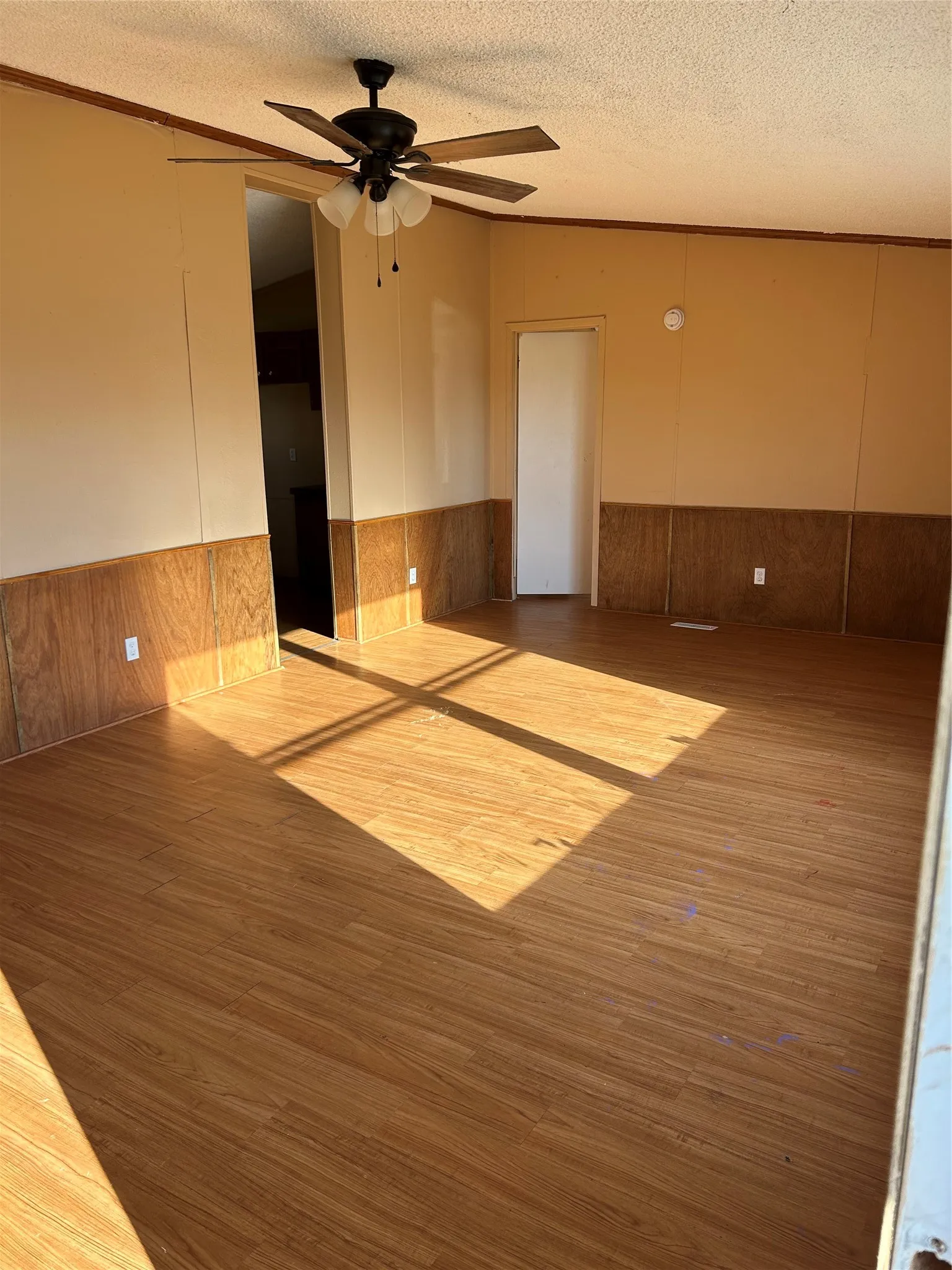 Wood-finish flooring with light wall paneling, ceiling fan, and painted walls
