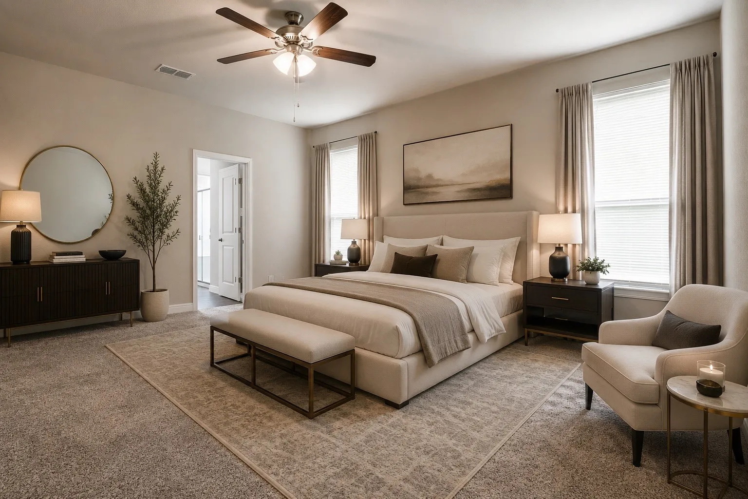 Wall-to-wall carpeting with an overhead ceiling fan