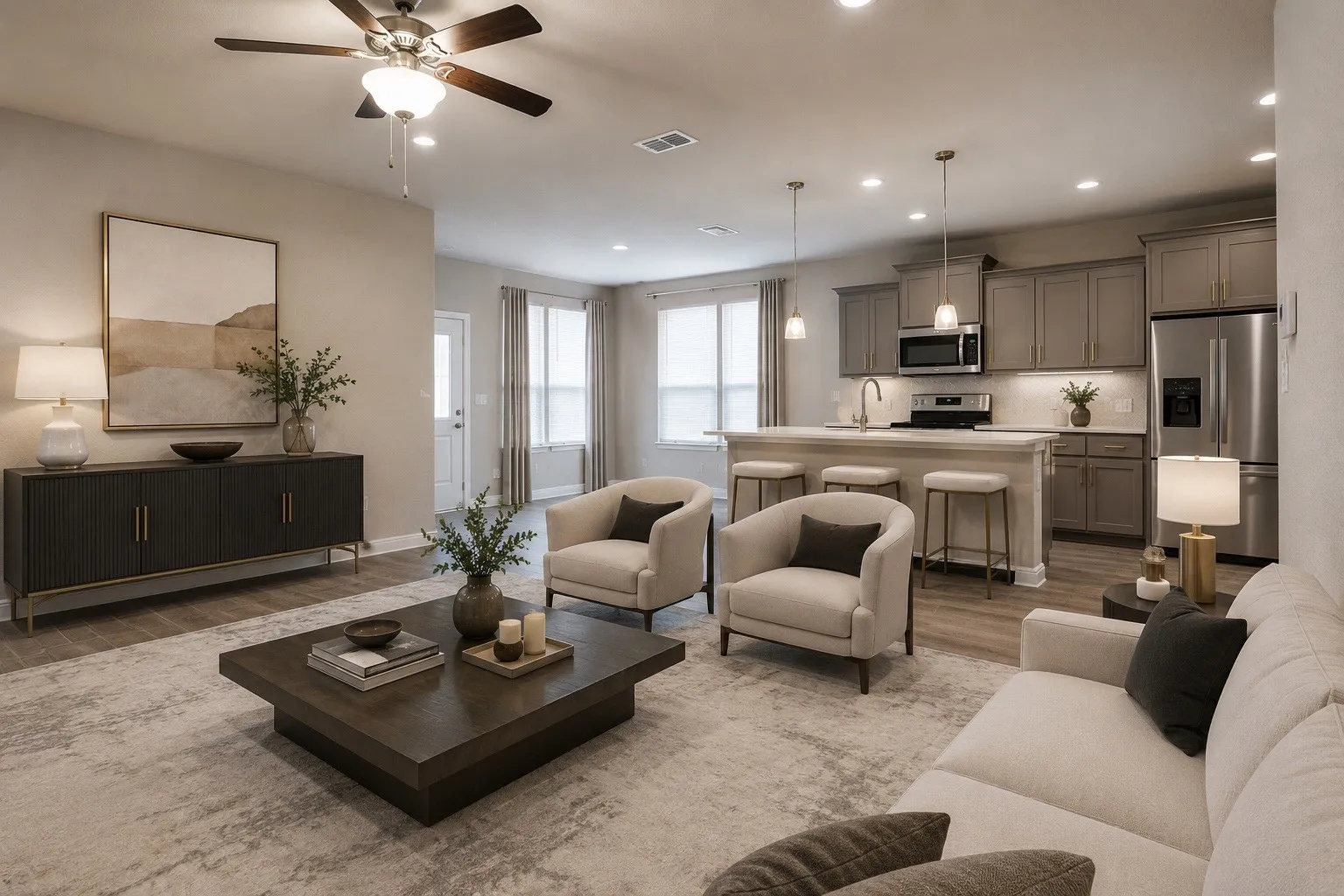 Integrated living area featuring wood-finish flooring, recessed lighting, and a ceiling fan