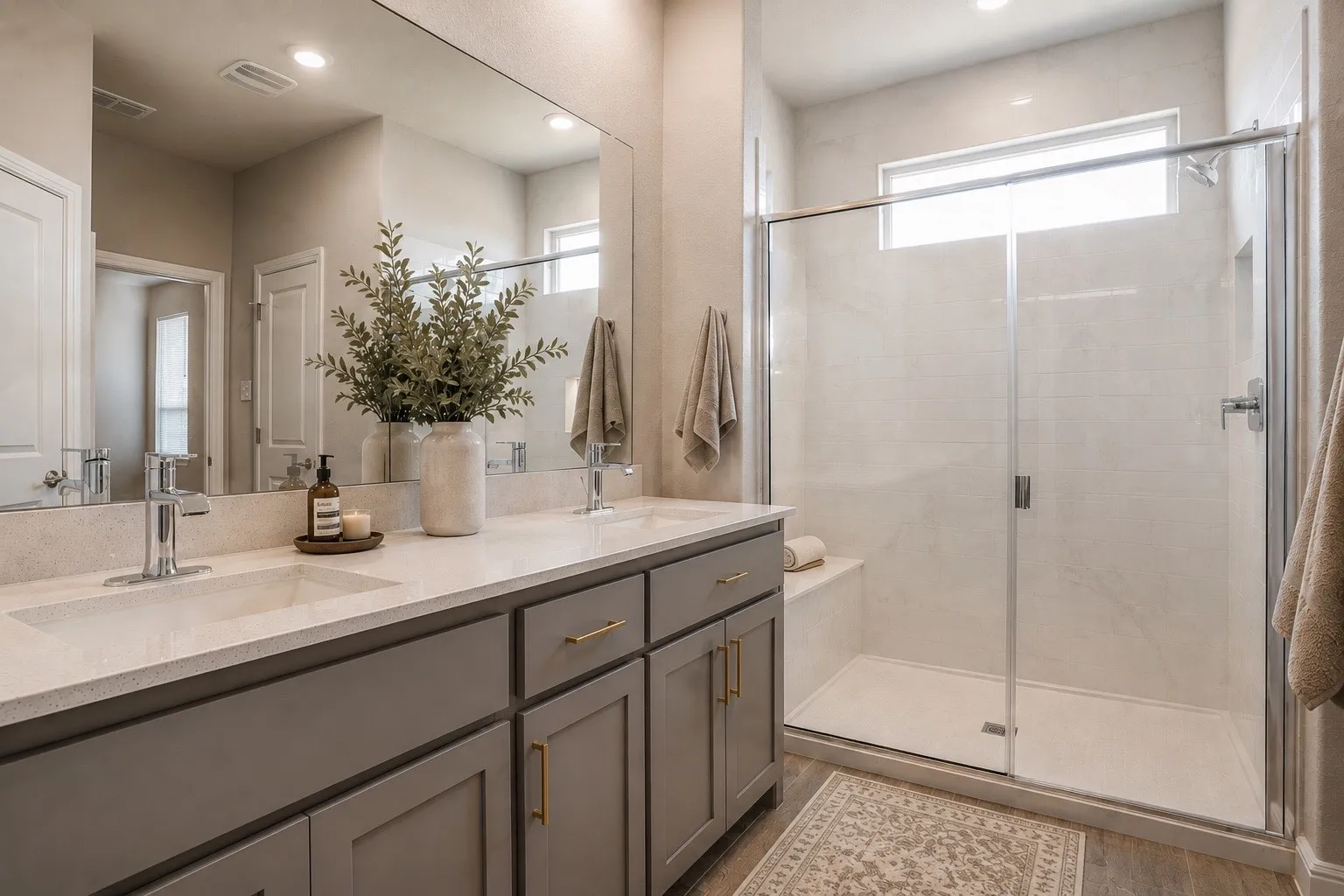 Dual vanity with undermount sinks, stone-look countertop, and chrome fixtures