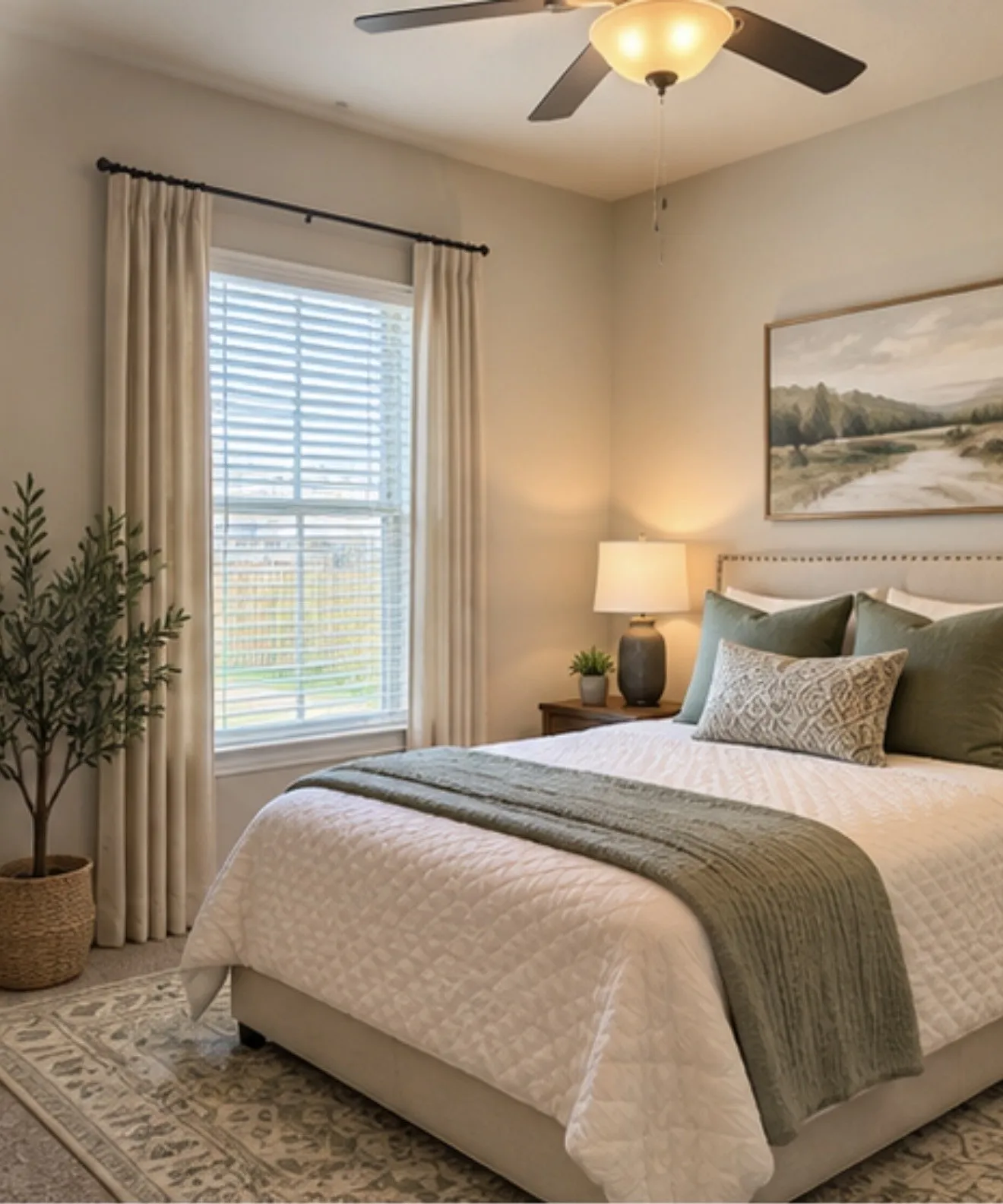 Virtually staged. Window with blinds, ceiling fan with integrated lighting, recessed headboard, wood-finish nightstand