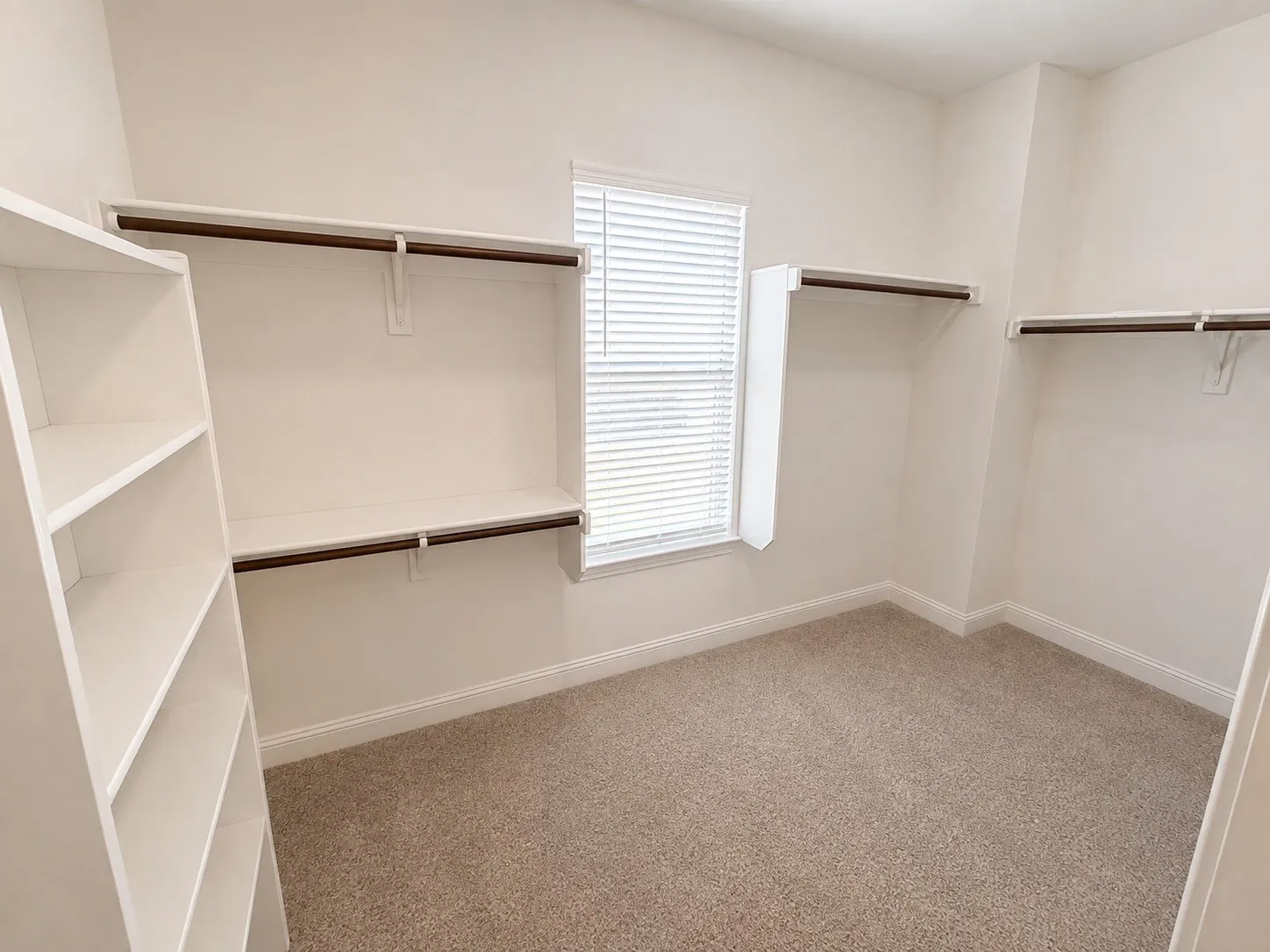 Huge Master closet with built-in shelving, hanging rods, window with blinds, and carpeted flooring