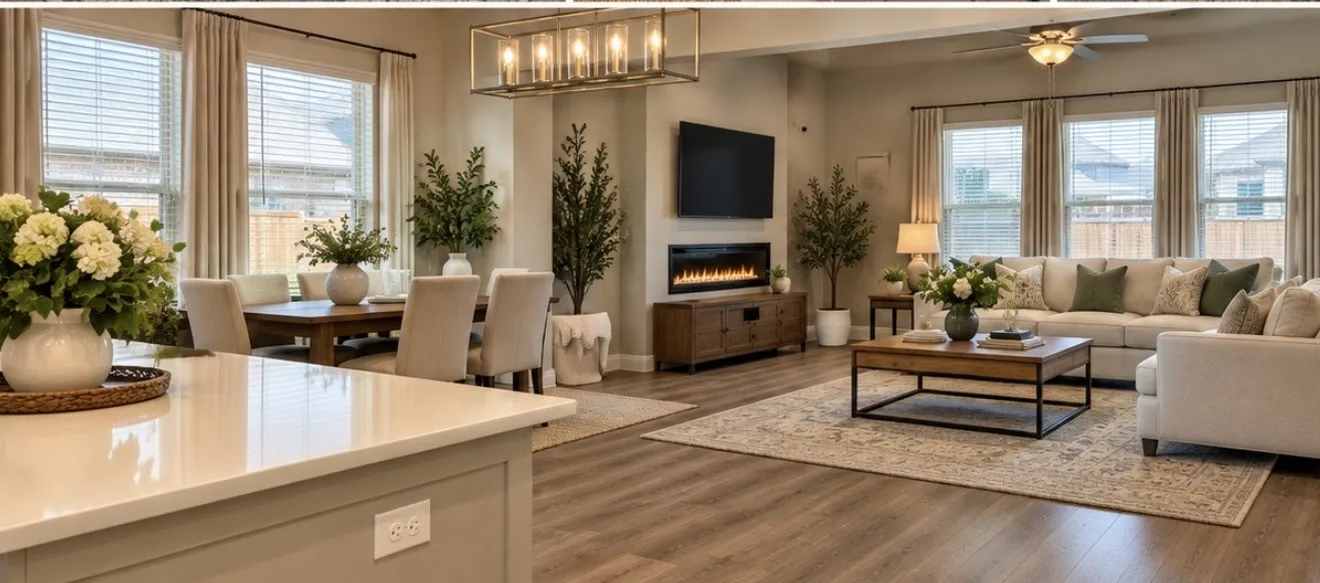 Virtually staged. Open-concept living space with wood-finish flooring, a linear electric fireplace, and a rectangular chandelier
