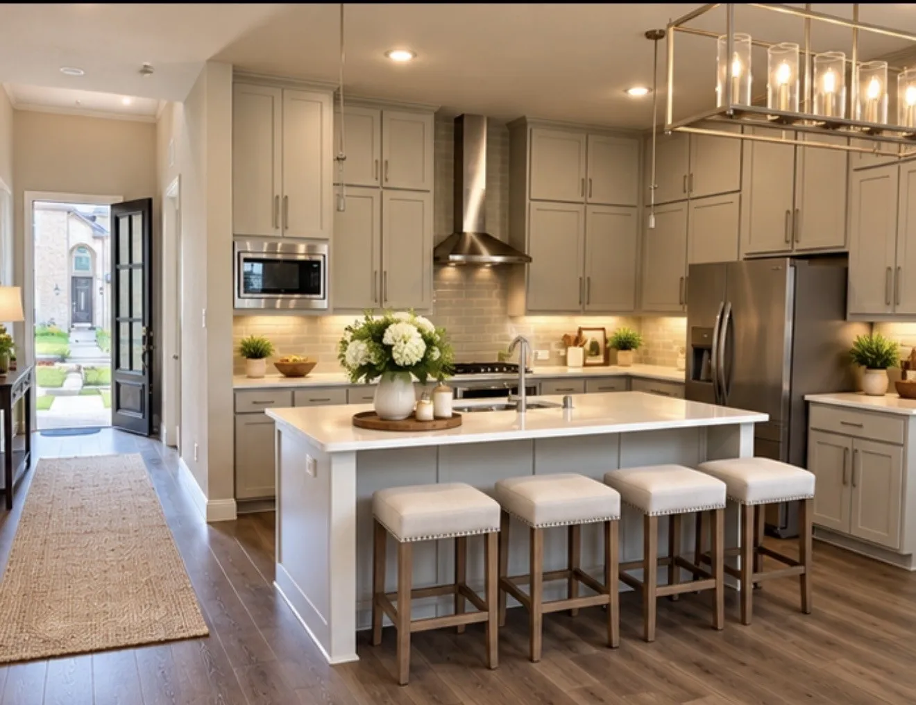 Virtually staged. Spacious kitchen featuring gray cabinetry, stainless steel appliances, a center island with seating, a tile backsplash, and wood-finish flooring
