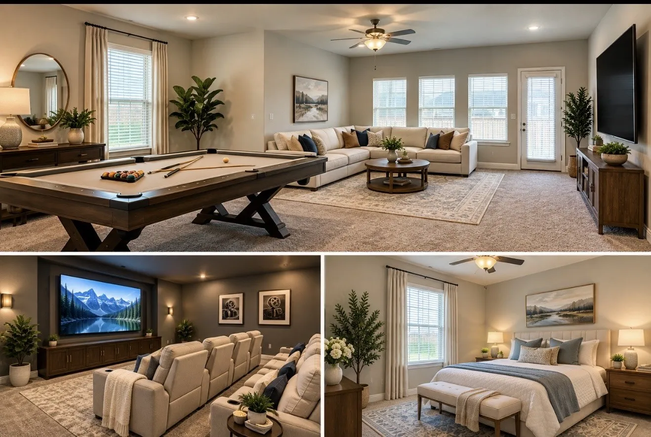 Property Image virtually staged of interior spaces of the property, including a living area, a media room, and a bedroom