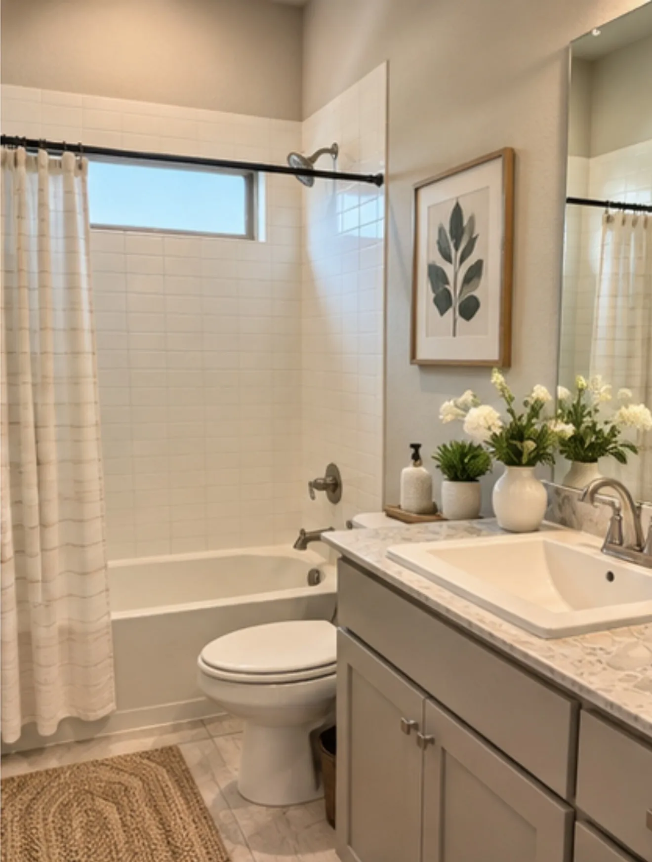 White subway tile shower surround with a tub/shower combination