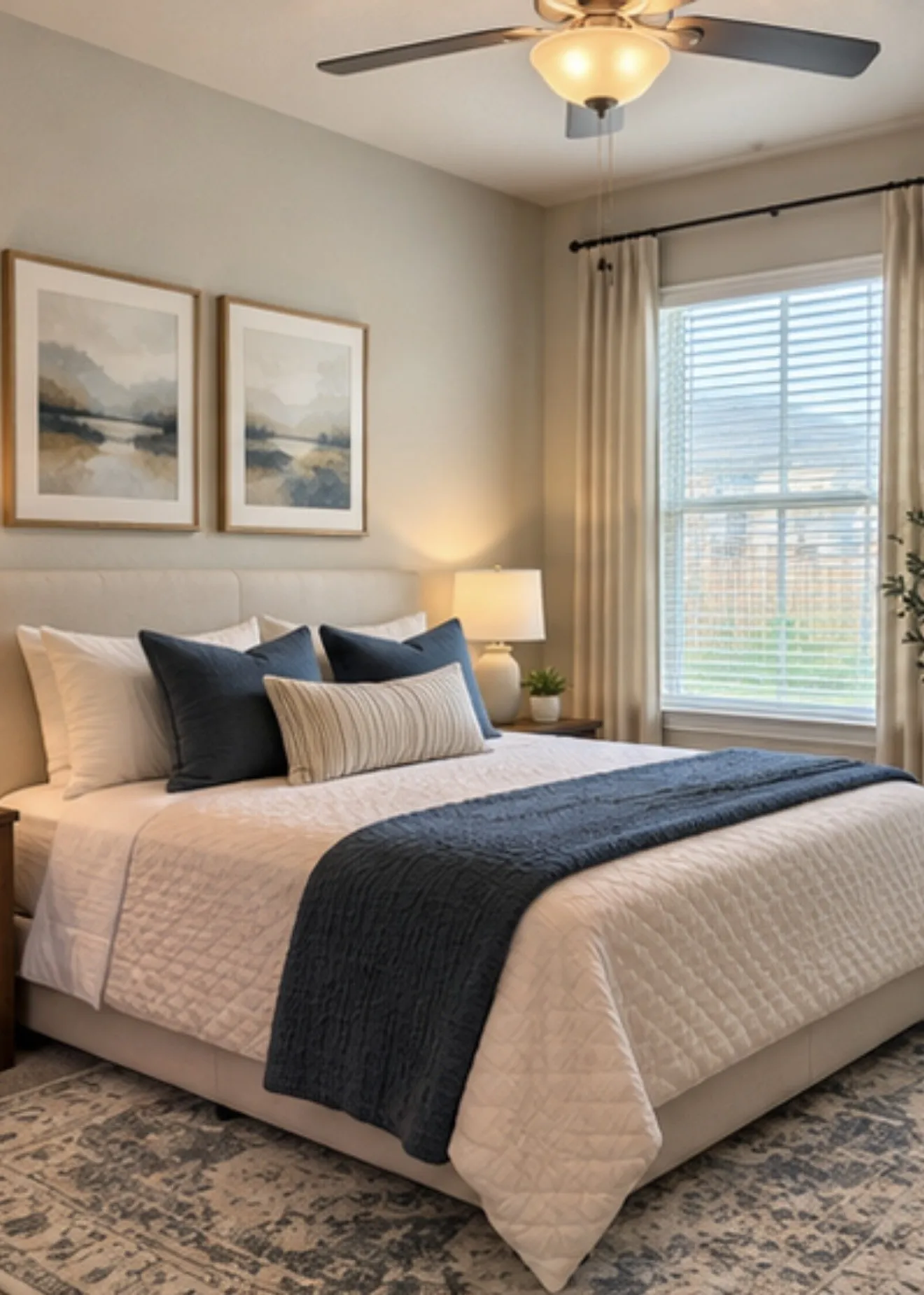 Virtually staged. Ceiling fan with integrated lighting, window with blinds, and upholstered headboard