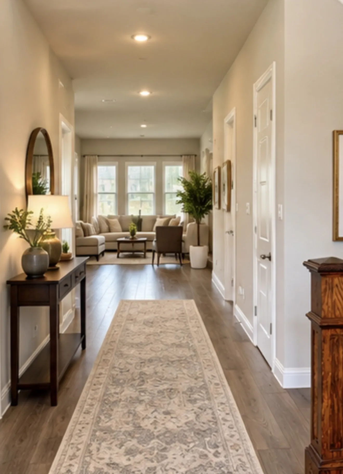 Virtually staged. Hallway featuring wood-finish flooring, recessed lighting, and white paneled doors