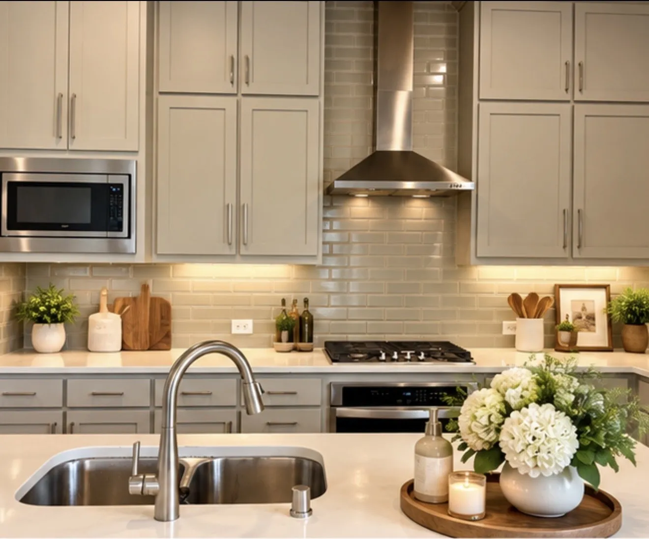 Virtually staged. Modern kitchen featuring light gray cabinetry, stainless steel appliances, a subway tile backsplash, white countertops, and a dual-basin undermount sink