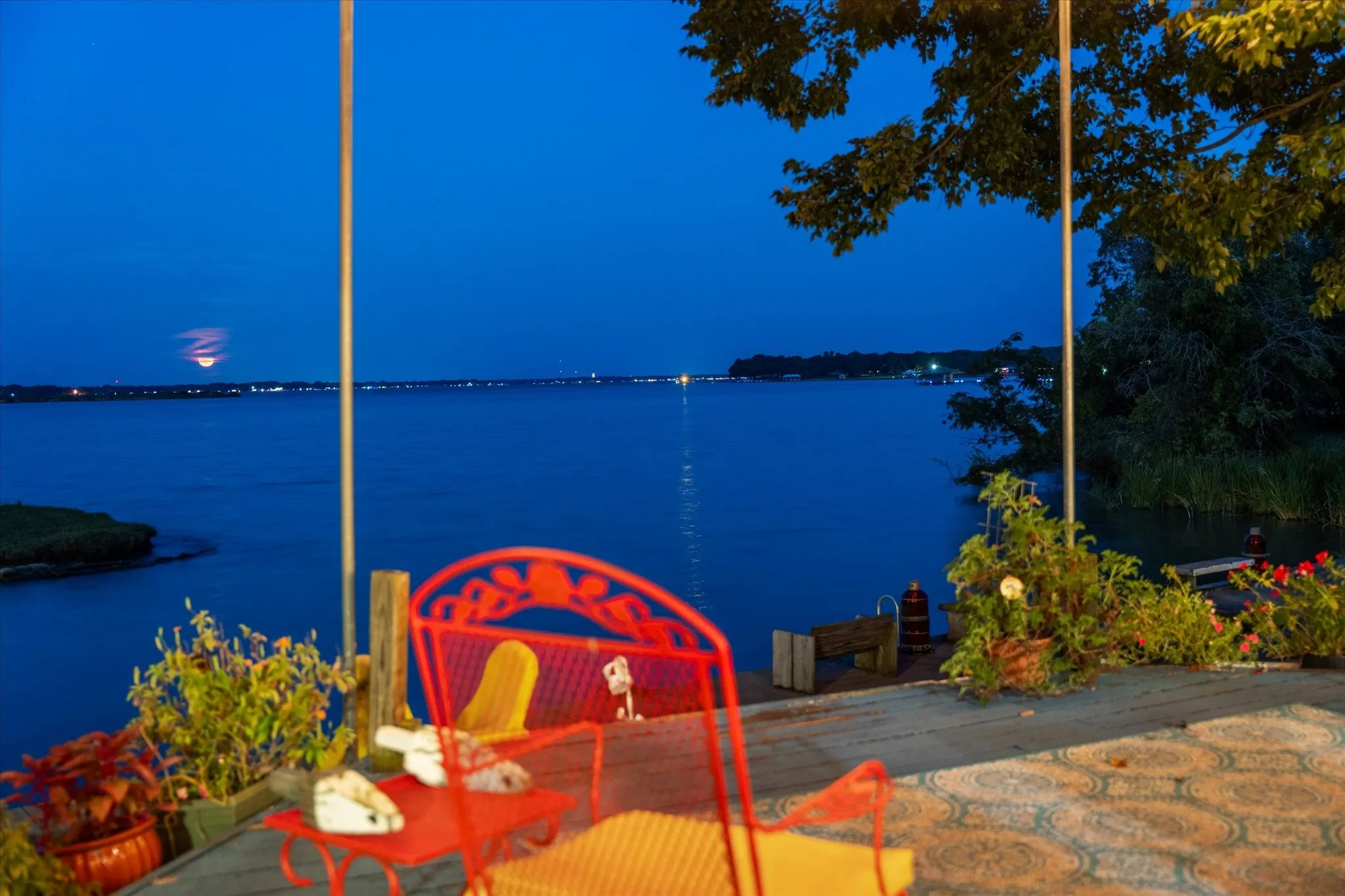 Waterfront deck with wood planking and surrounding foliage
