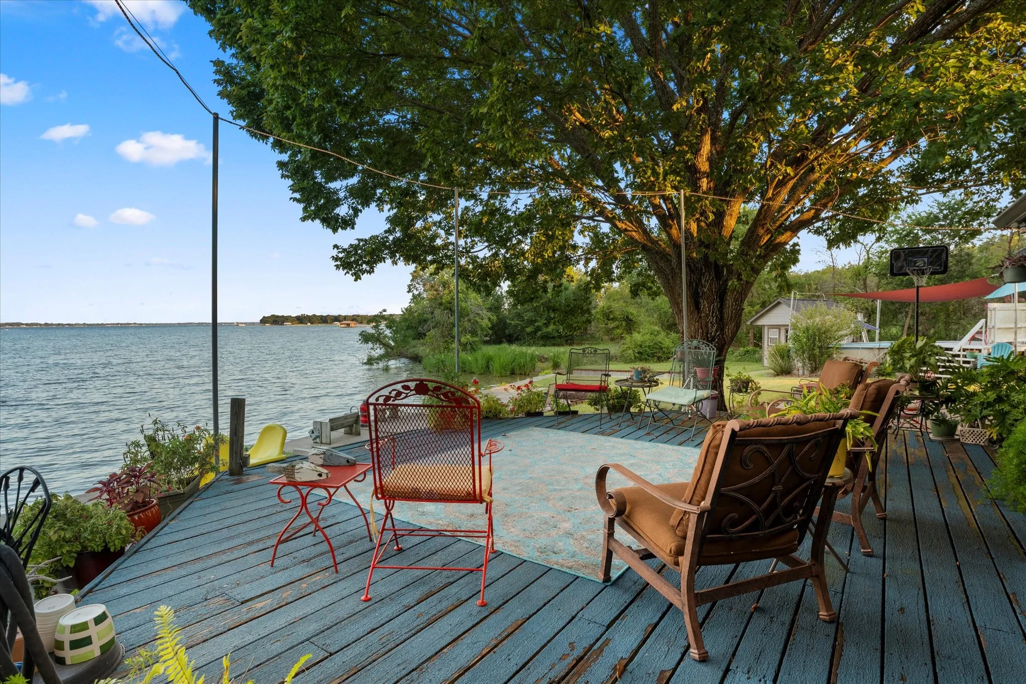Waterfront wood-plank deck with a prominent mature tree, featuring a large body of water, and an expansive natural landscape