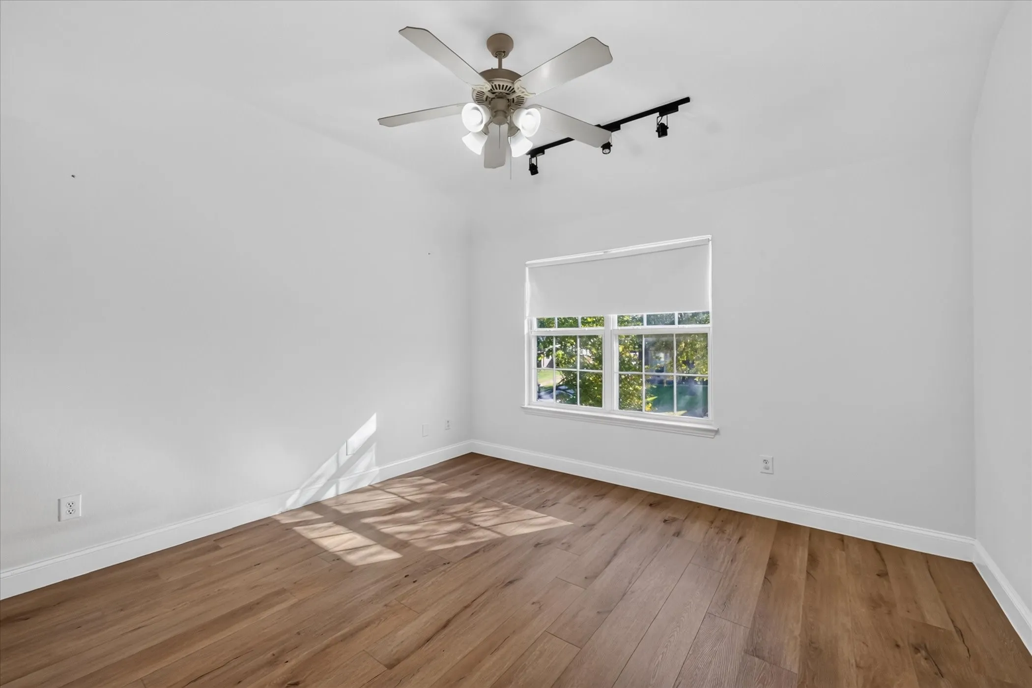 Wood-finish flooring, white walls, window with roller shade, ceiling fan, and track lighting fixture
