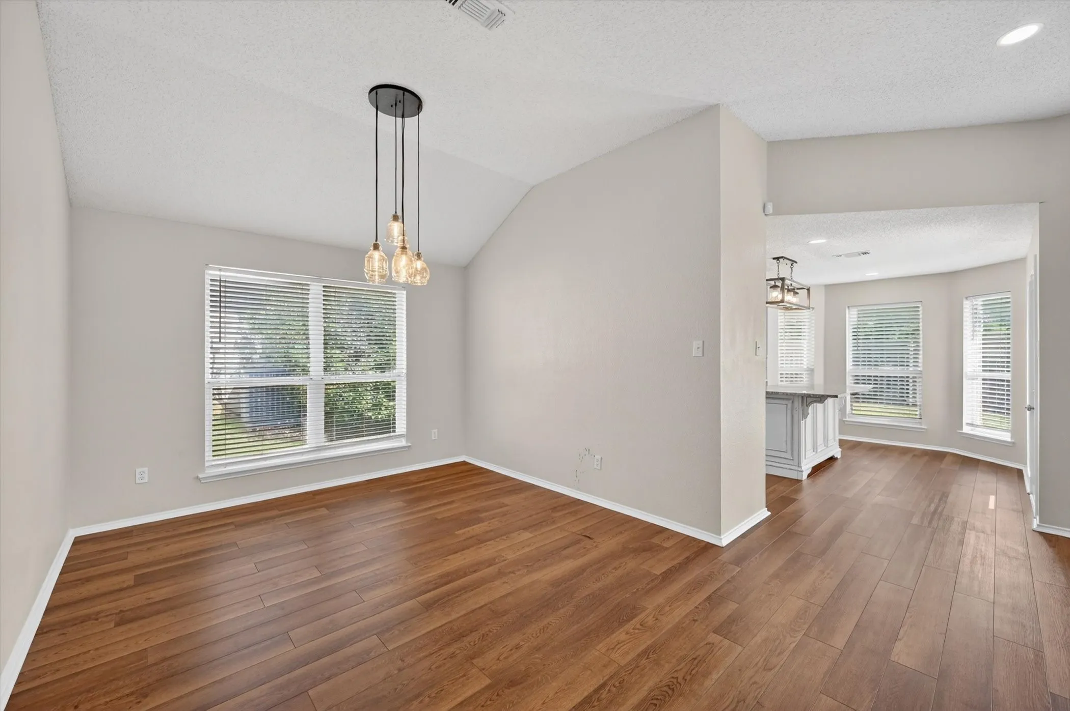 Wood-finish flooring, vaulted ceiling, and an updated pendant light fixture