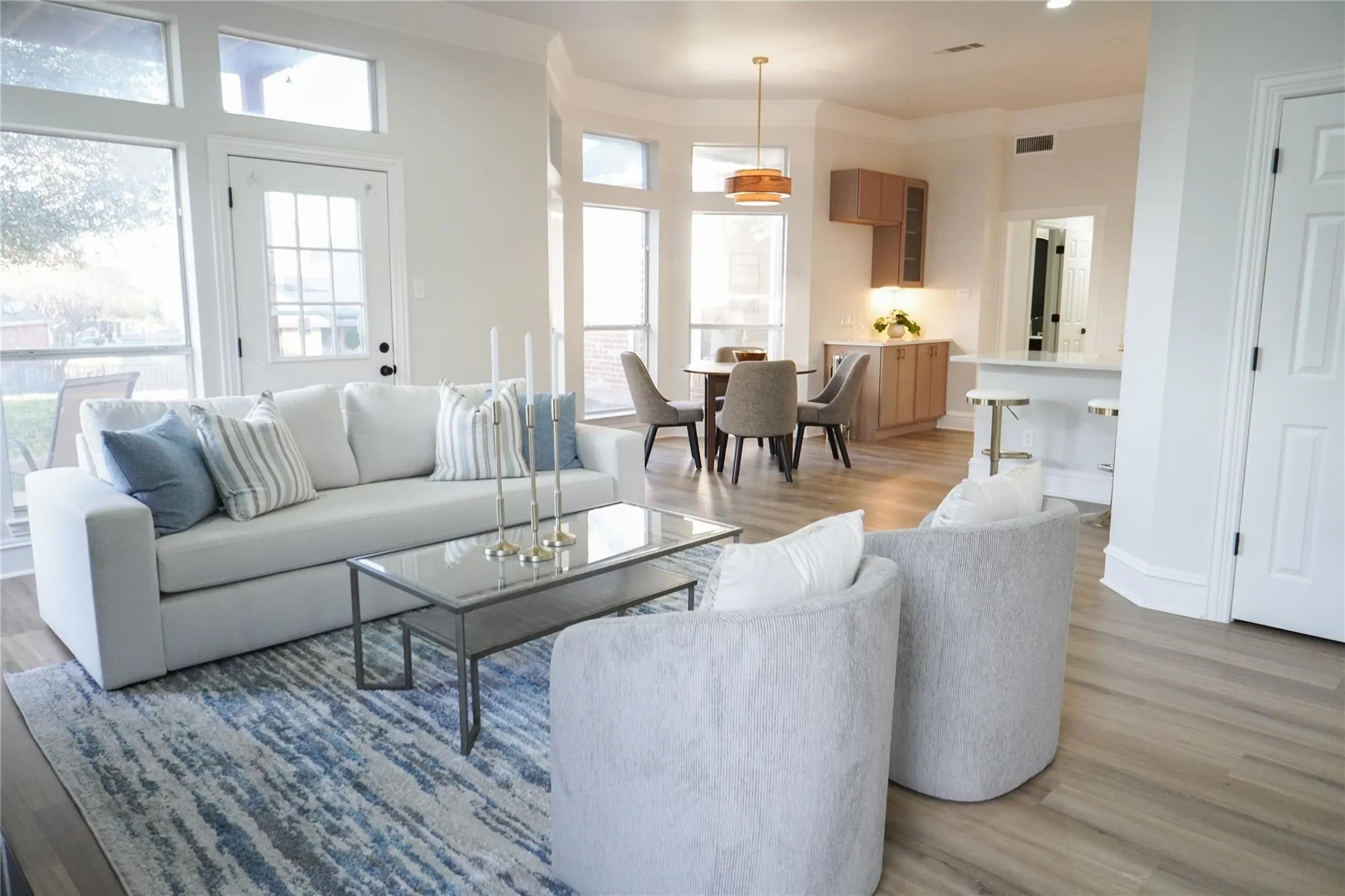 Living room open to breakfast area & kitchen