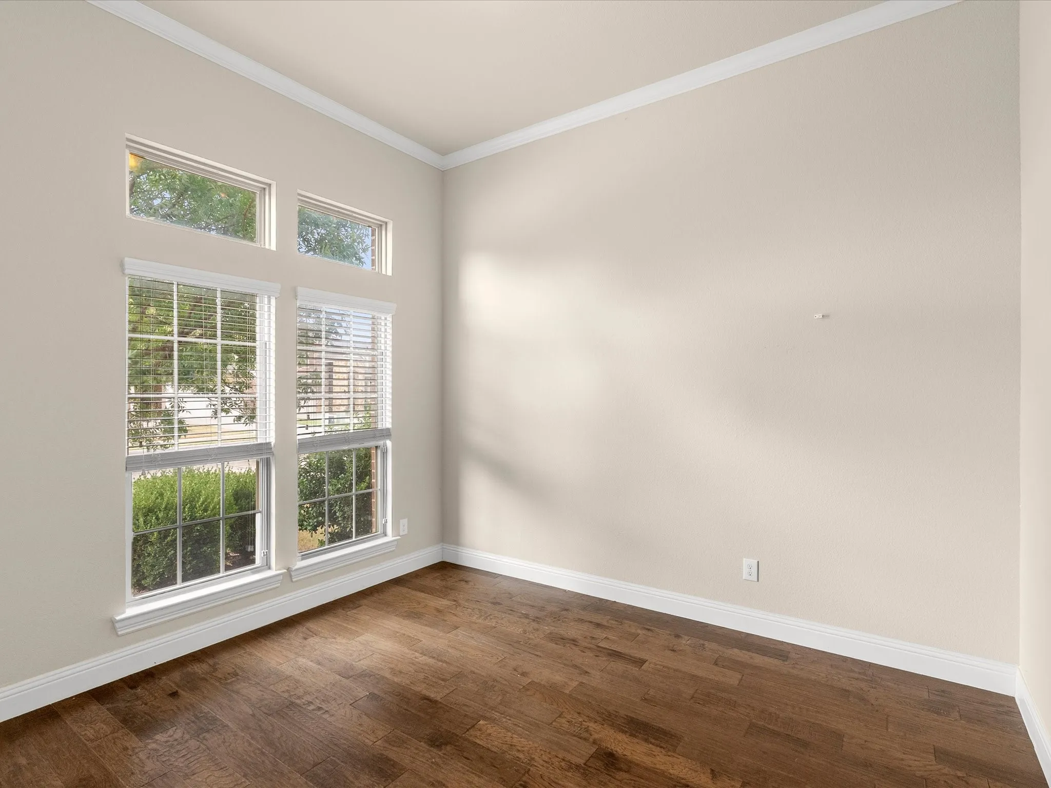 Wood-finish flooring, white wall paint, white crown molding, white baseboards, and multi-pane windows with blinds
