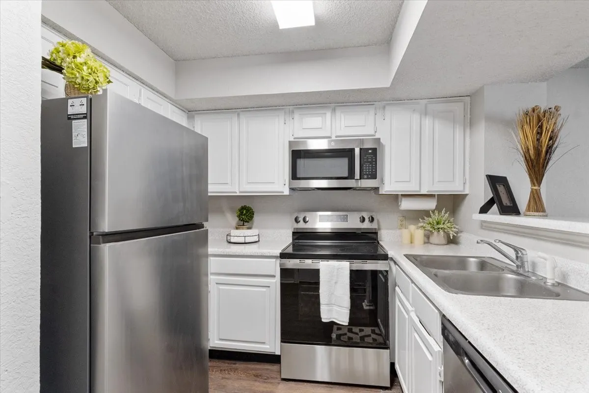 Stainless steel refrigerator, built-in microwave, electric range, double basin sink, and white cabinetry