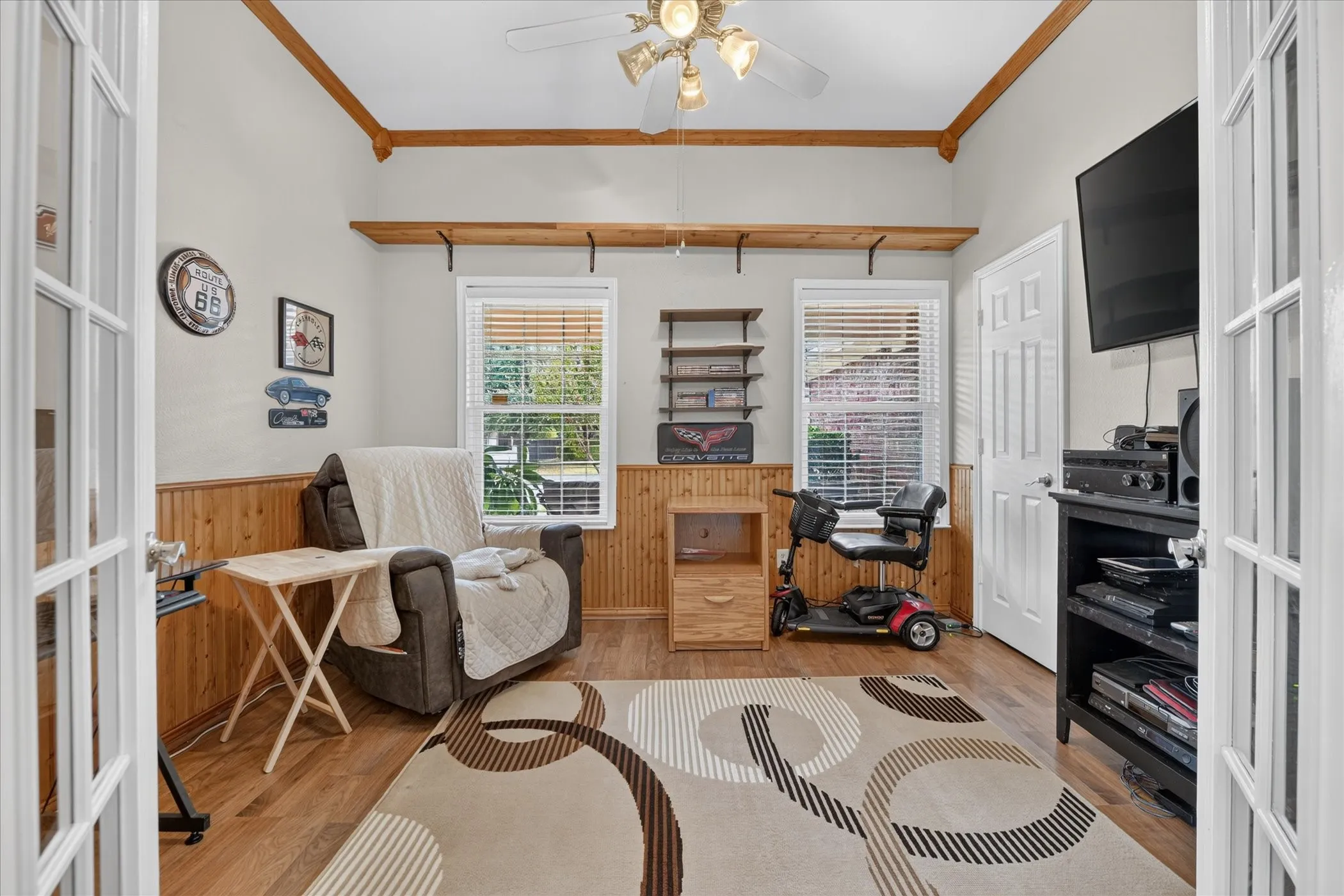 Wood-finish flooring with wood paneling