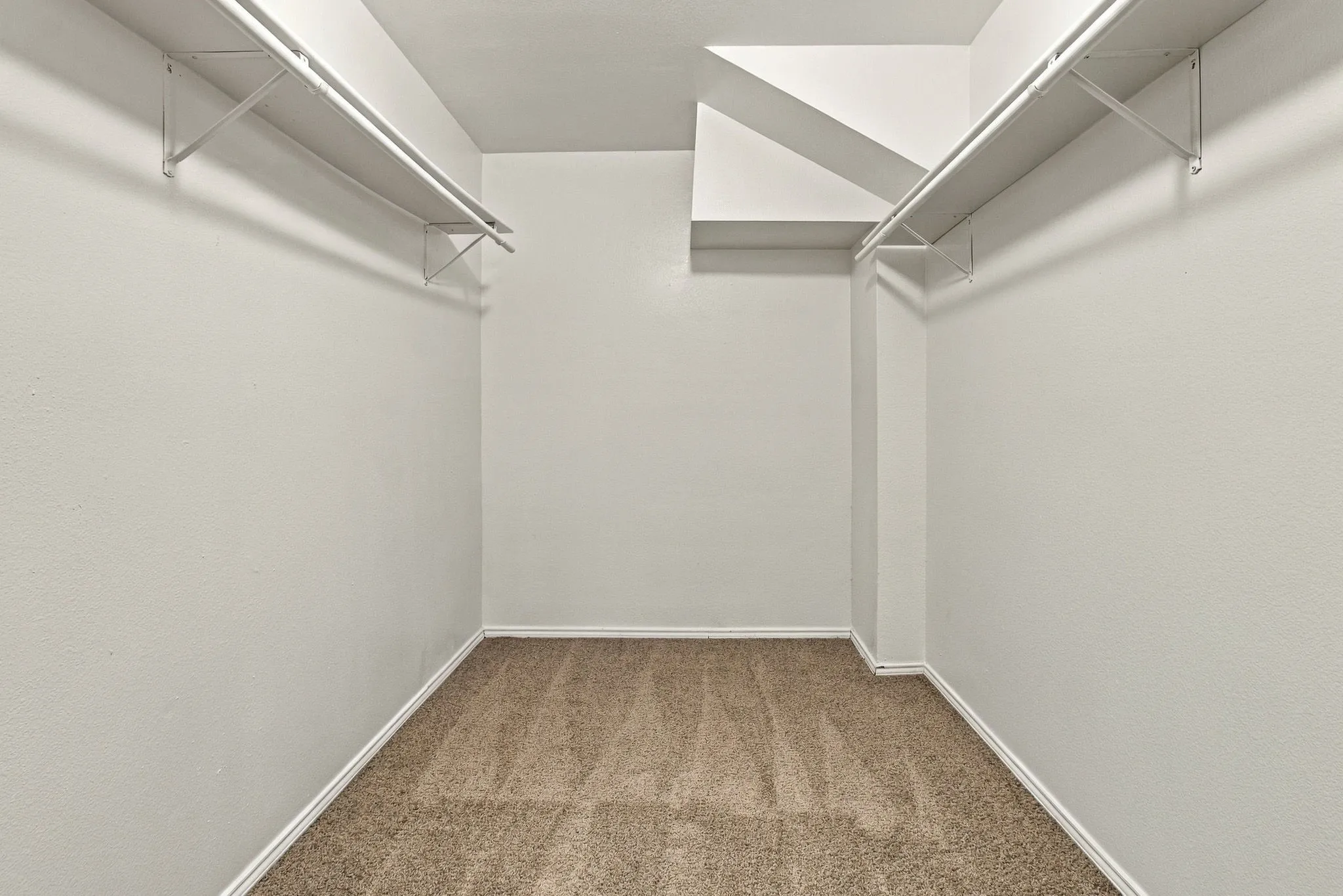 Carpeted closet with white walls and built-in shelving