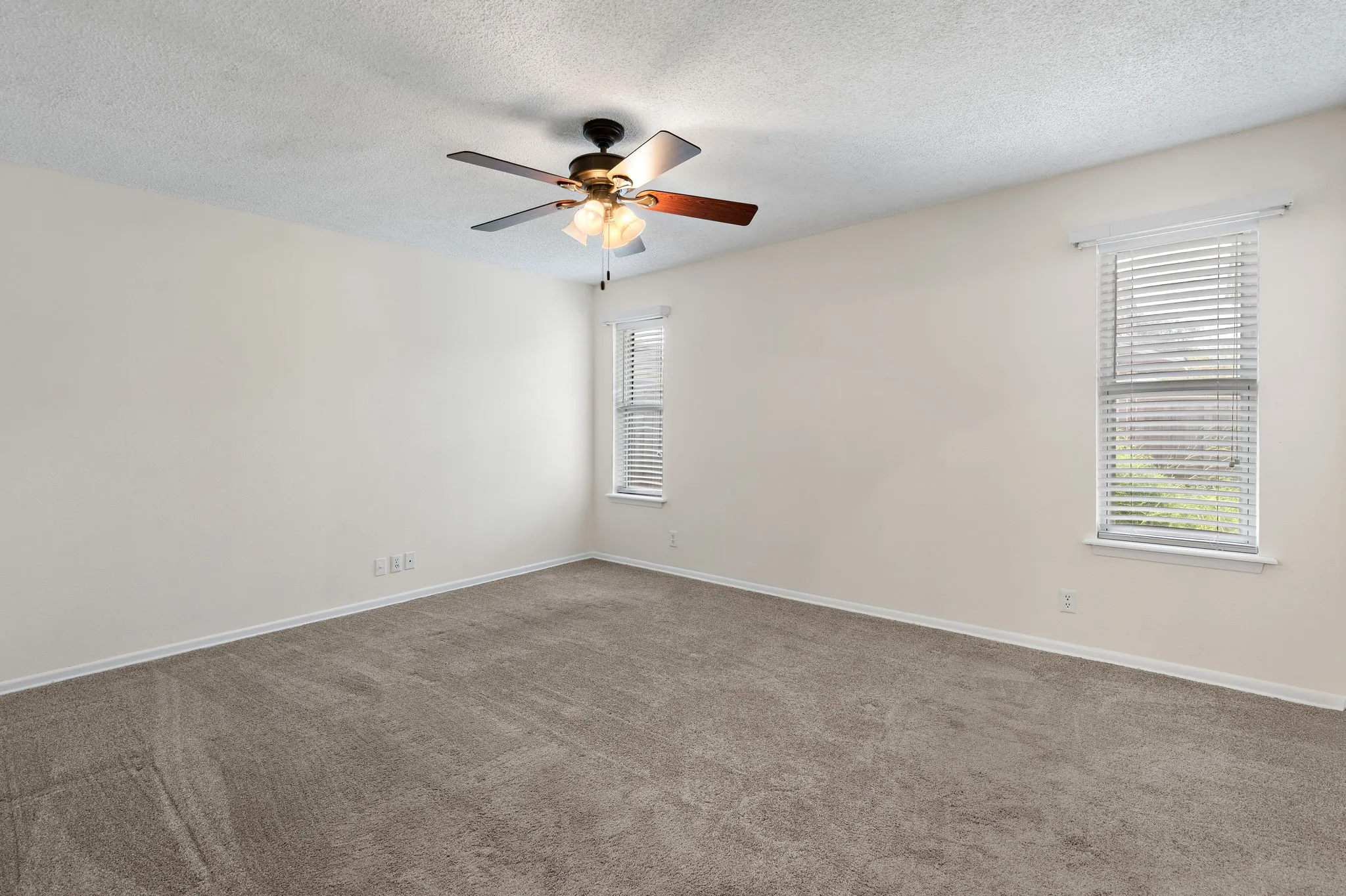 Spacious primary bedroom with neutral walls, plush carpeting, and abundant natural light from dual windows. New paint.