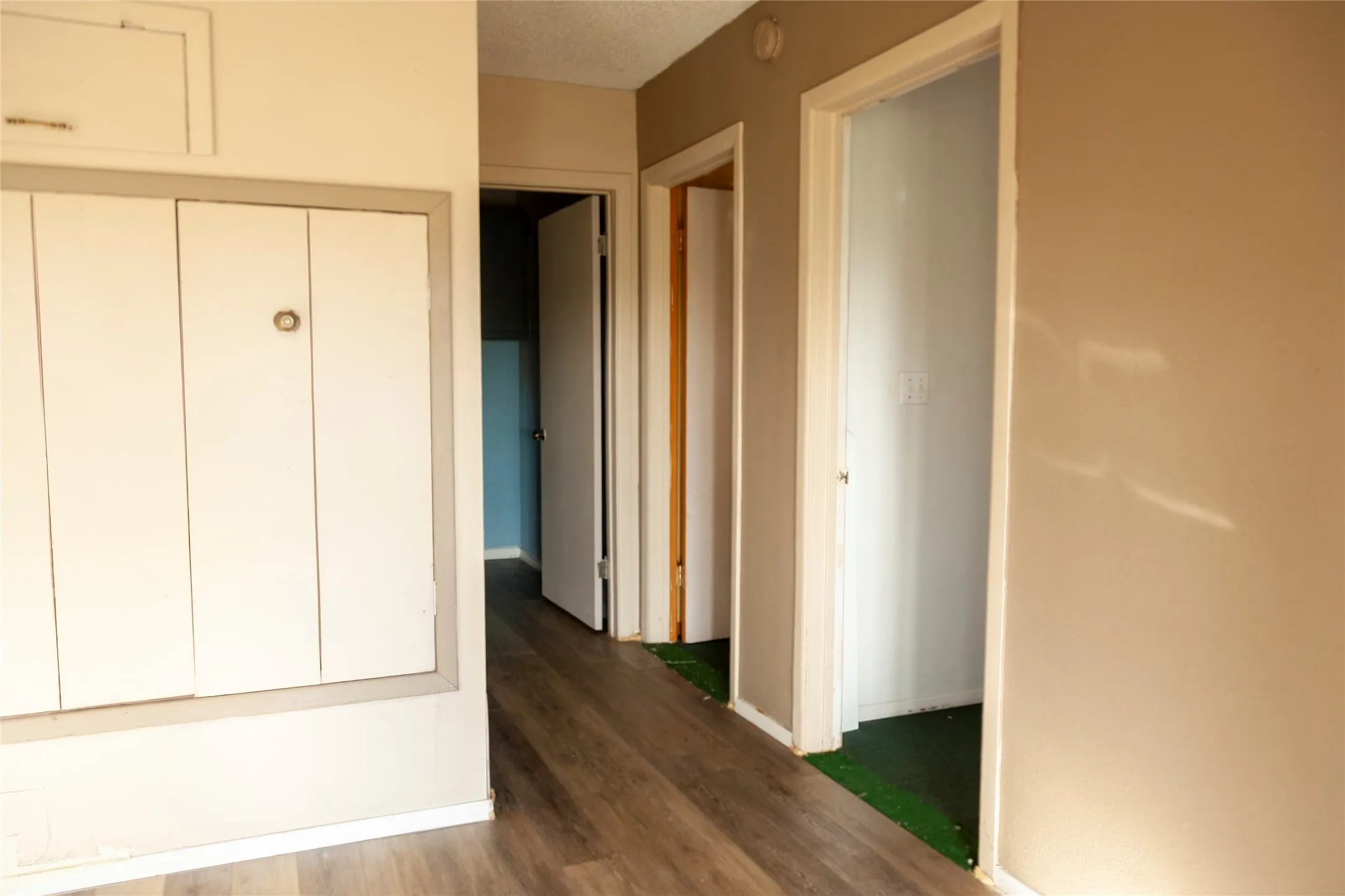 Hallway featuring wood-finish flooring, light tan wall paint, and white trim