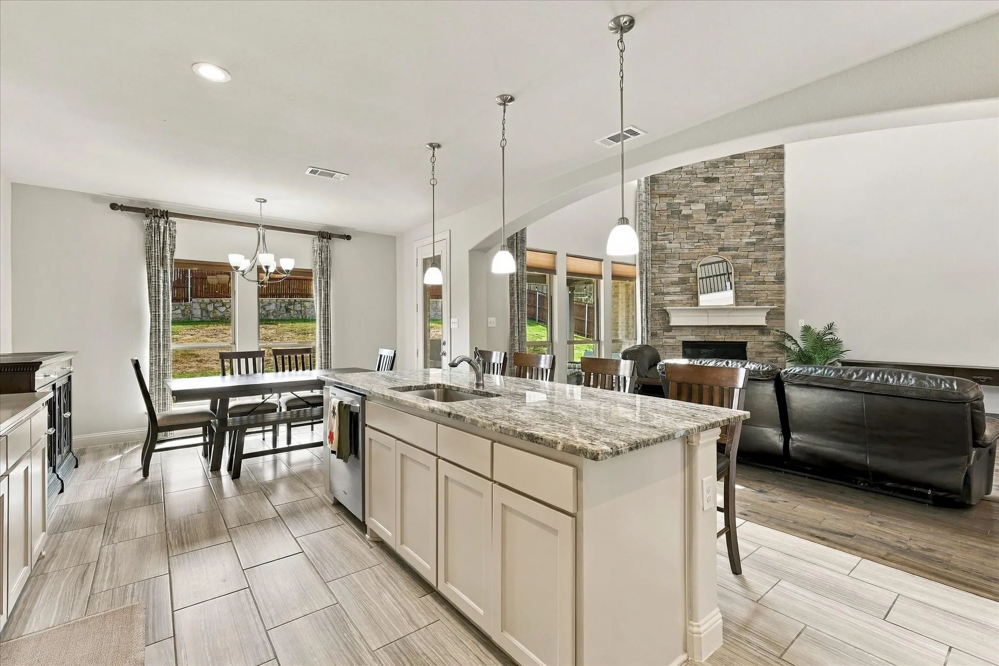 The kitchen is open to the dining area