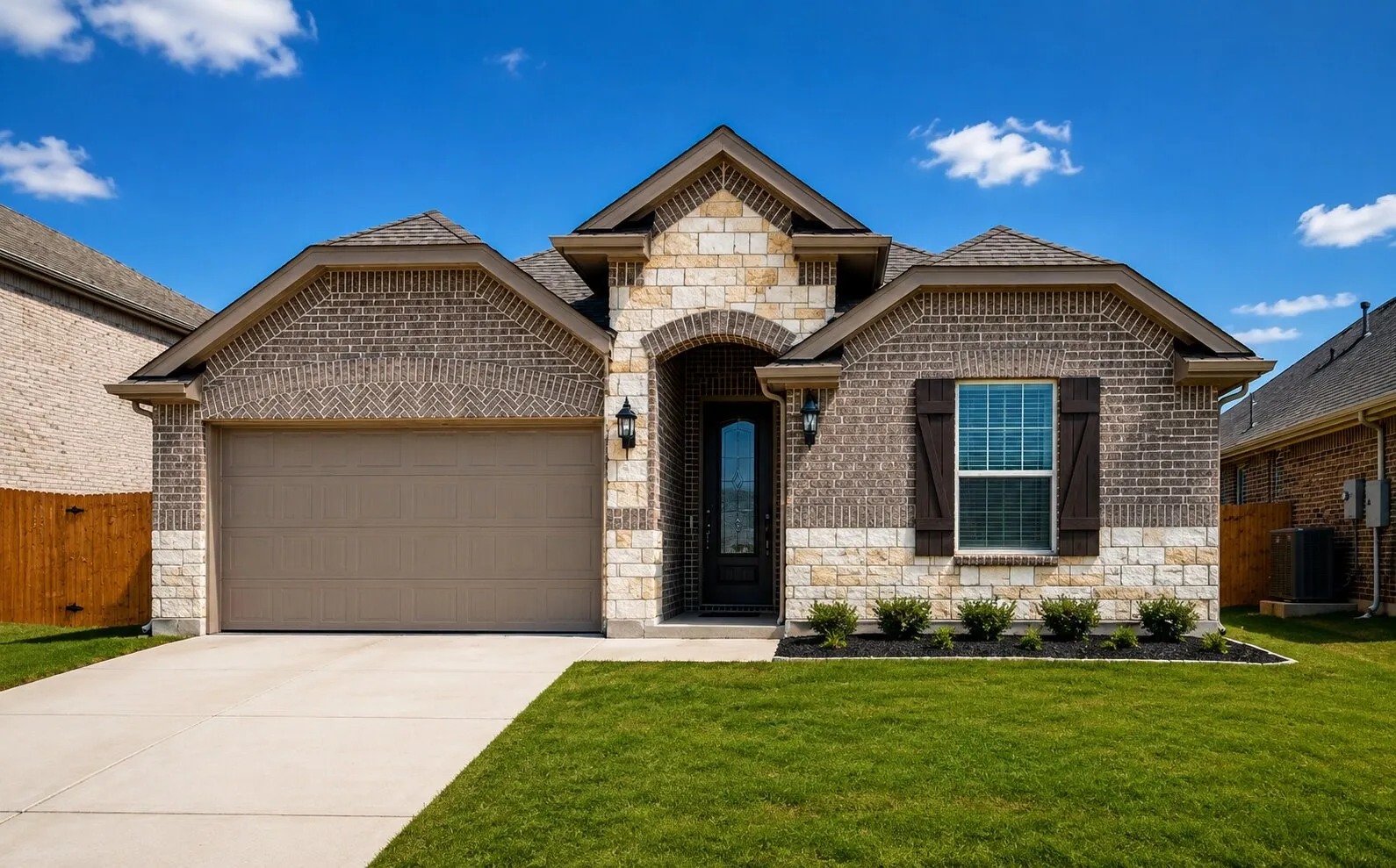 Brick and stone exterior featuring an arched entryway, decorative window shutters, and a two-car garage