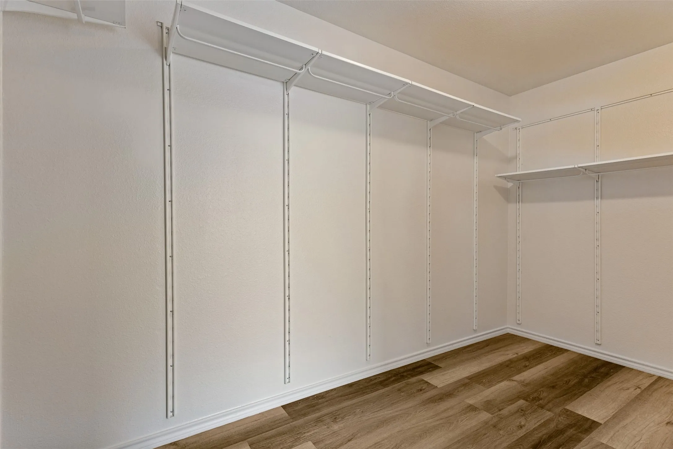 Spacious walk-in closet featuring built-in shelving and hanging rods throughout, with ample storage capacity and wood-finish flooring