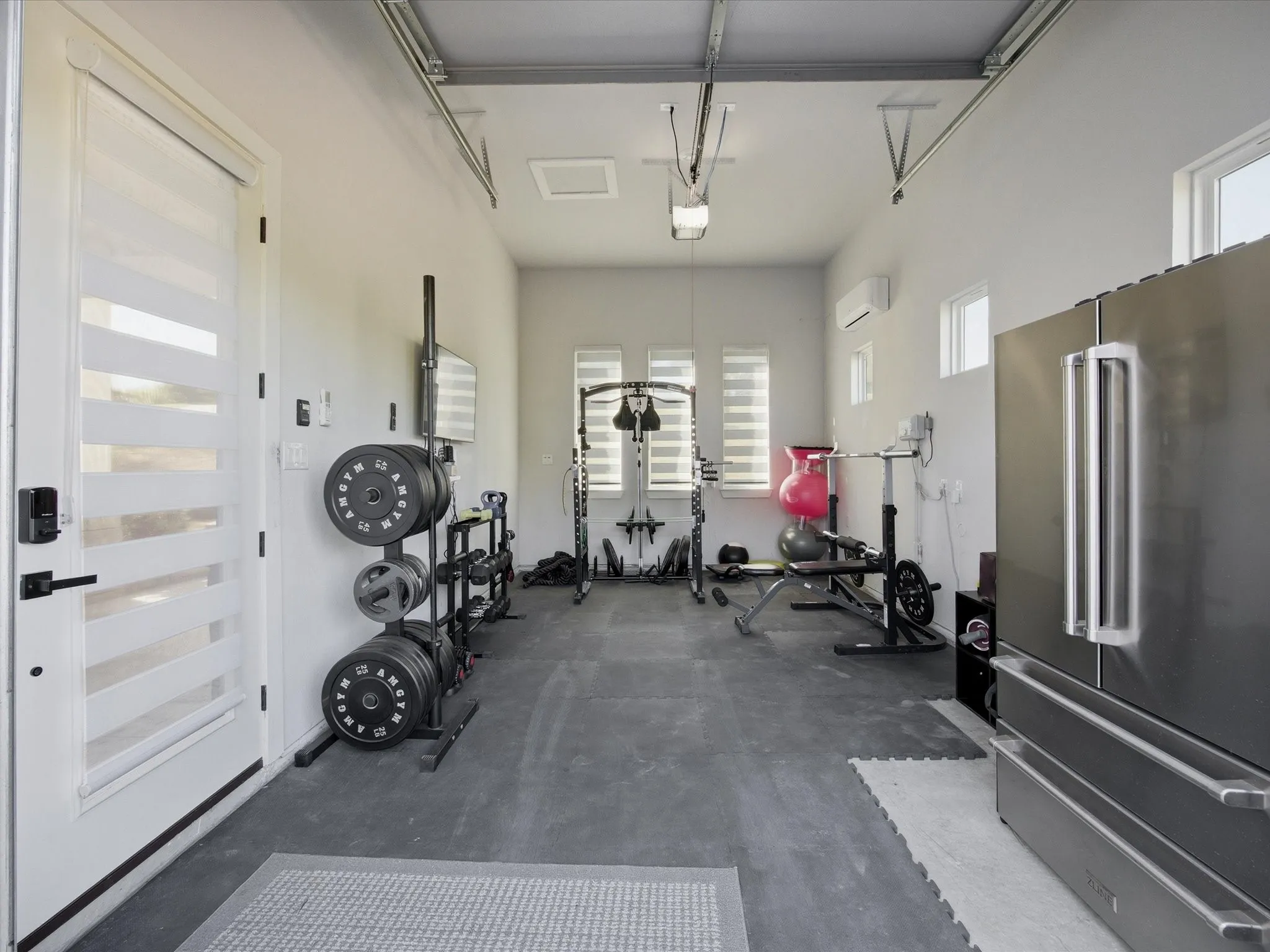 Exercise area featuring a garage