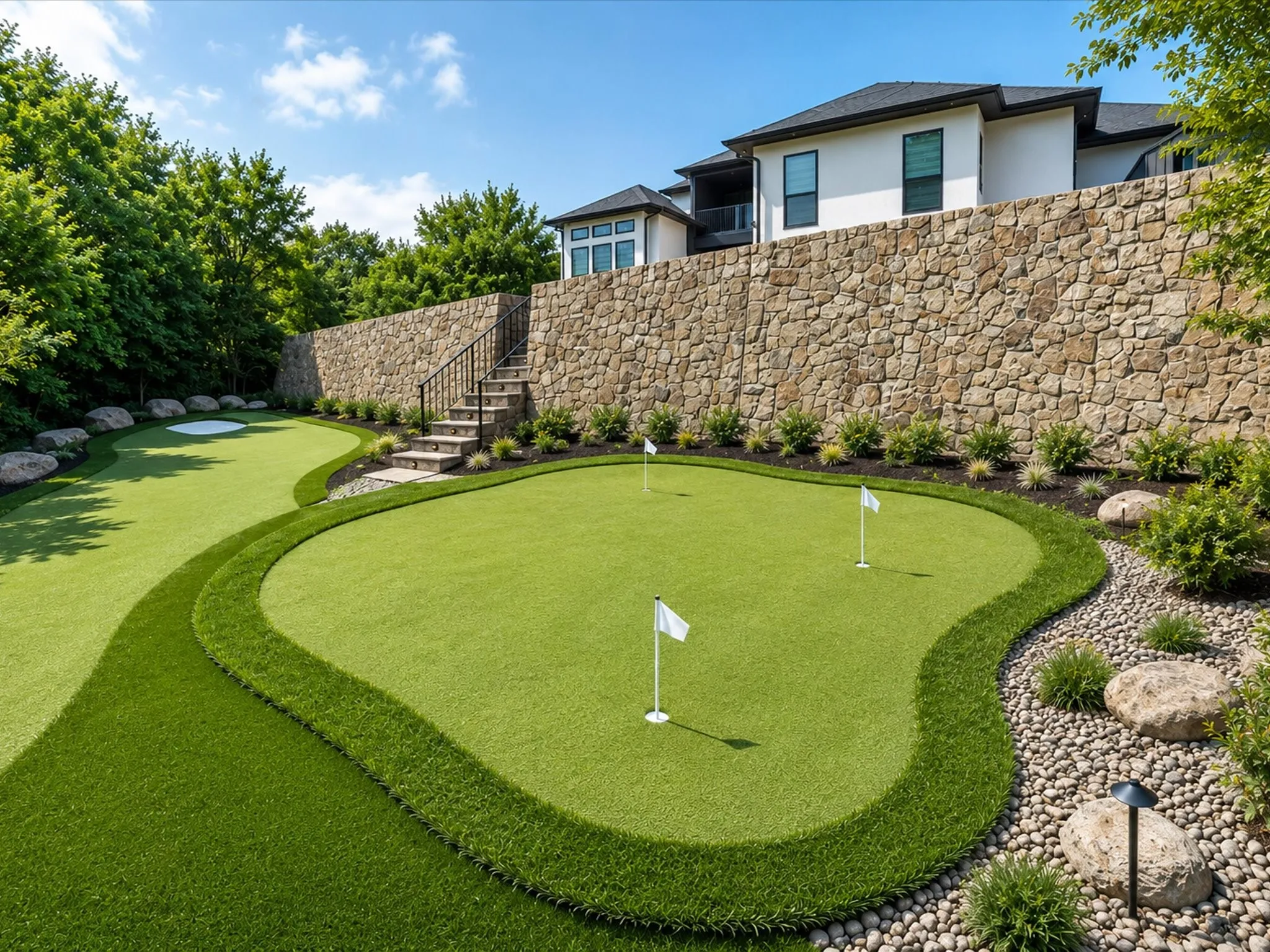 Virtually Staged golf area with putting green down the stairs from retaining wall in back yard.