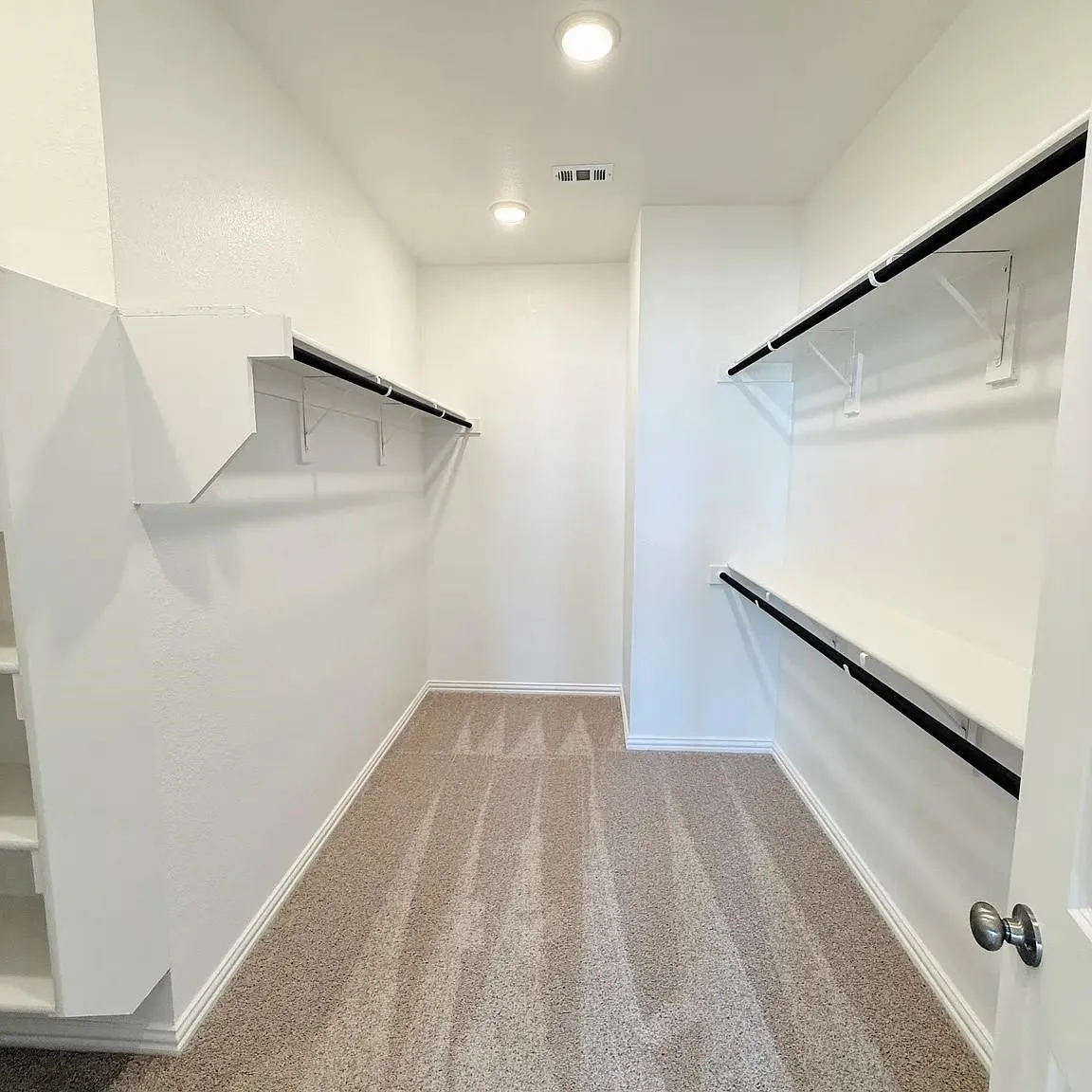 Spacious closet featuring wall-mounted shelving, integrated hanging rods, recessed lighting, and soft carpeting