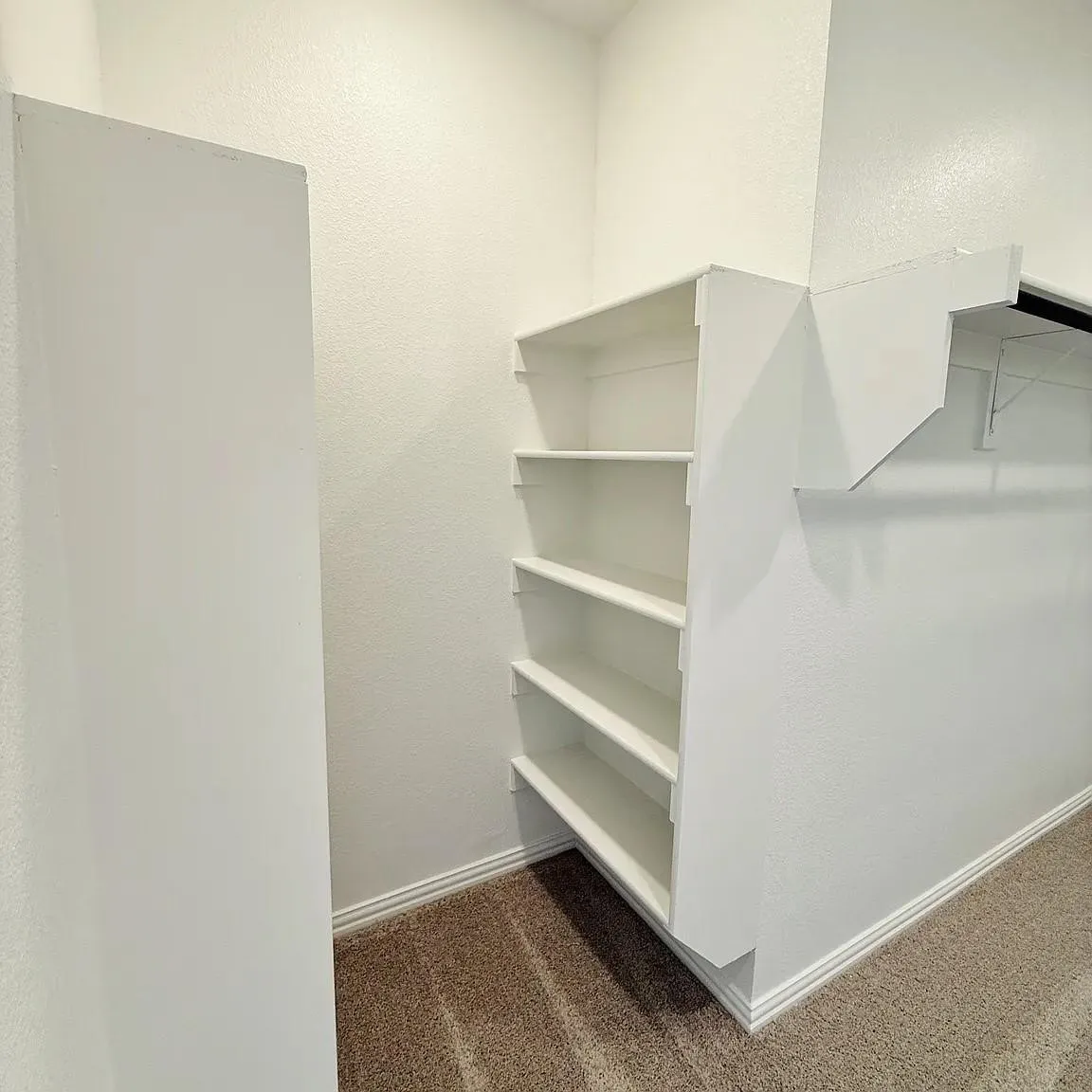 Built-in shelving, integrated hanging rod, and carpet flooring