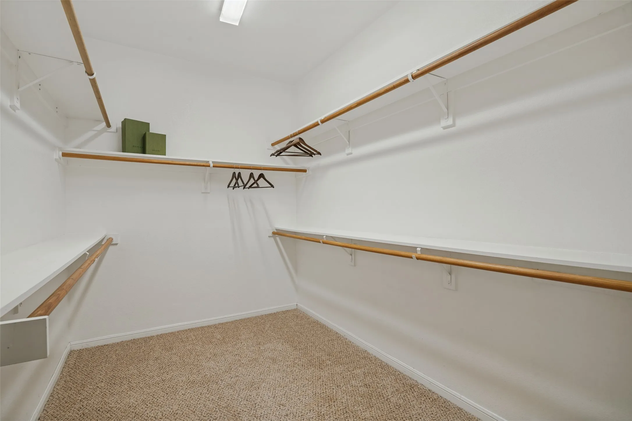 Primary Walk-in closet featuring built-in shelving, multiple hanging rods, and carpet flooring