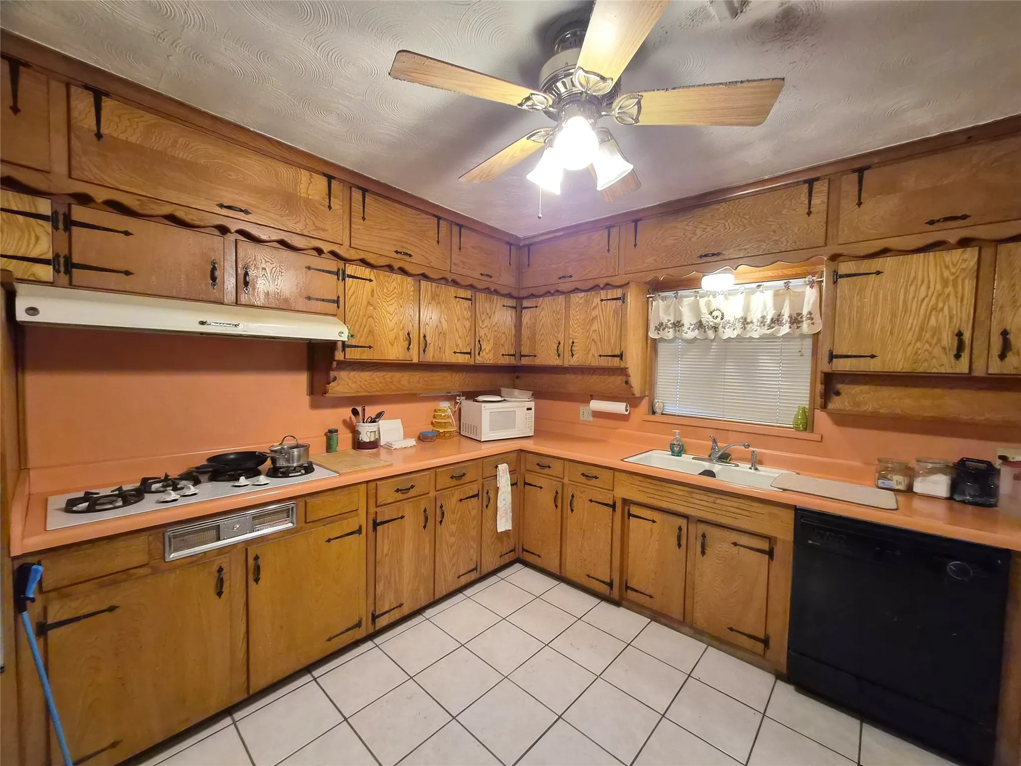 Built in dishwasher and window overlooking the backyard.