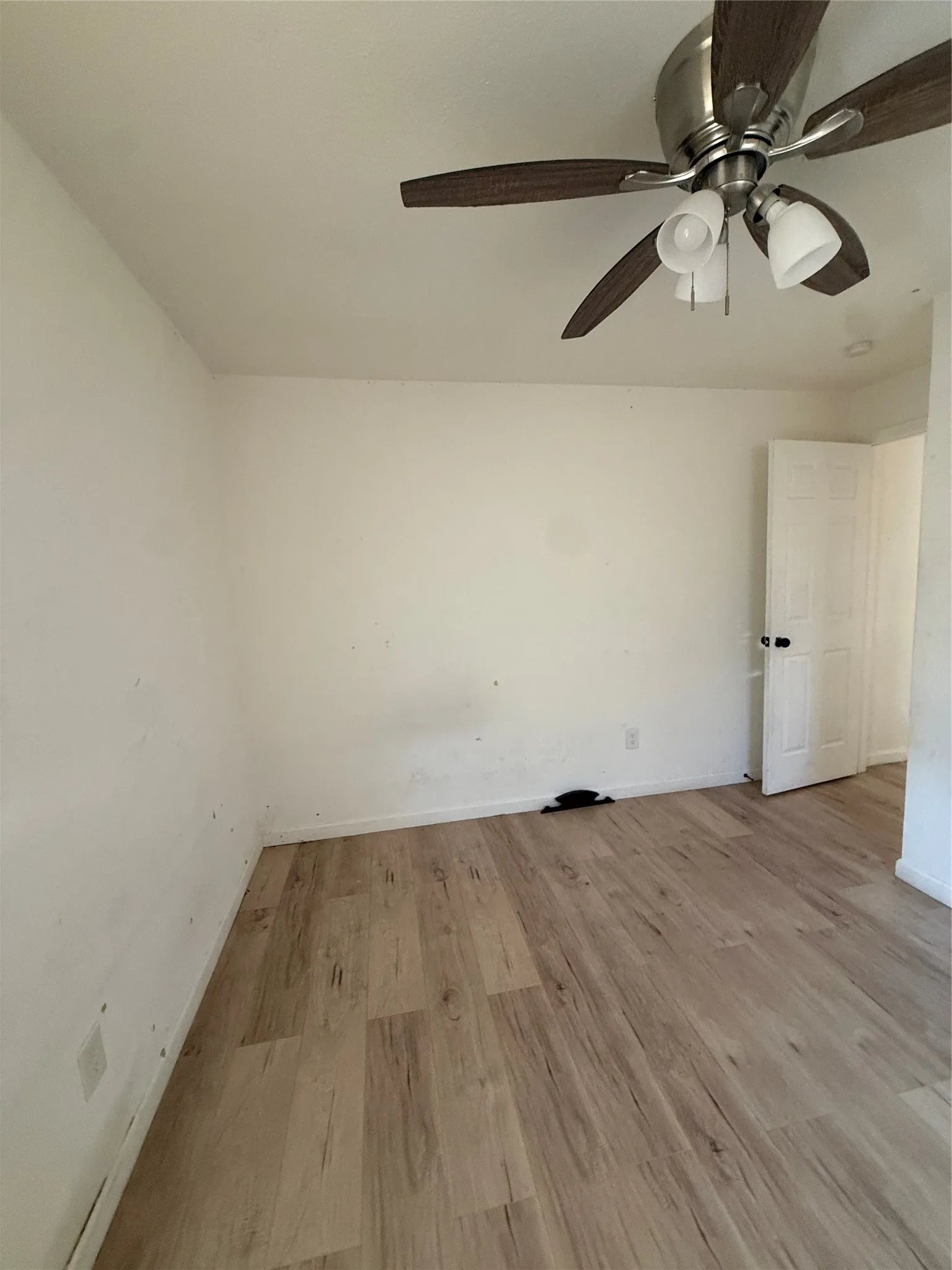 Wood-finish flooring and a ceiling fan with integrated lighting
