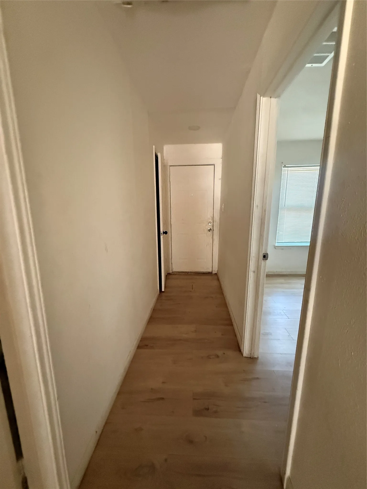 Light wood-finish flooring extending through the hallway and into an adjacent room