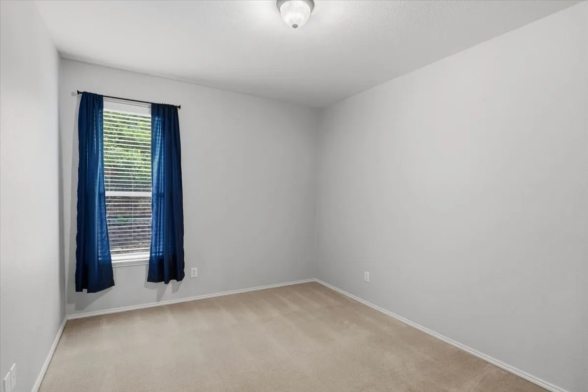 Neutral paint scheme, single window with blinds, and carpeted flooring