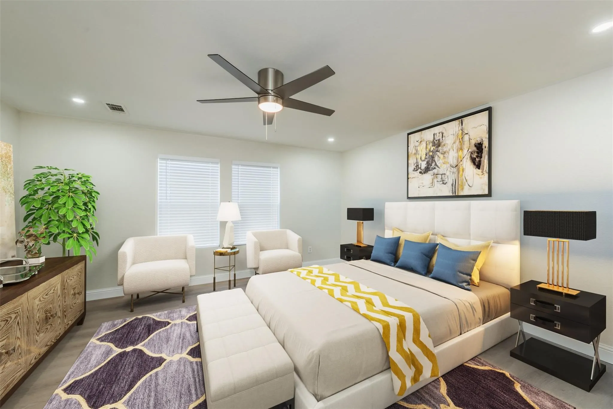 Bedroom featuring wood-type flooring and ceiling fan