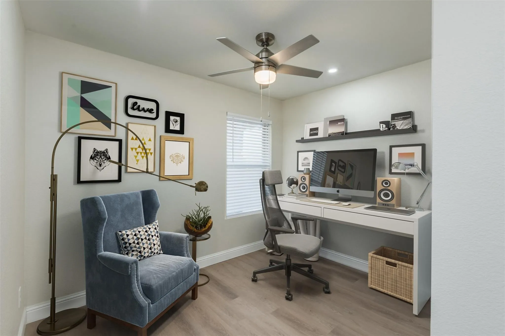 Office area featuring ceiling fan and hardwood / wood-style floors