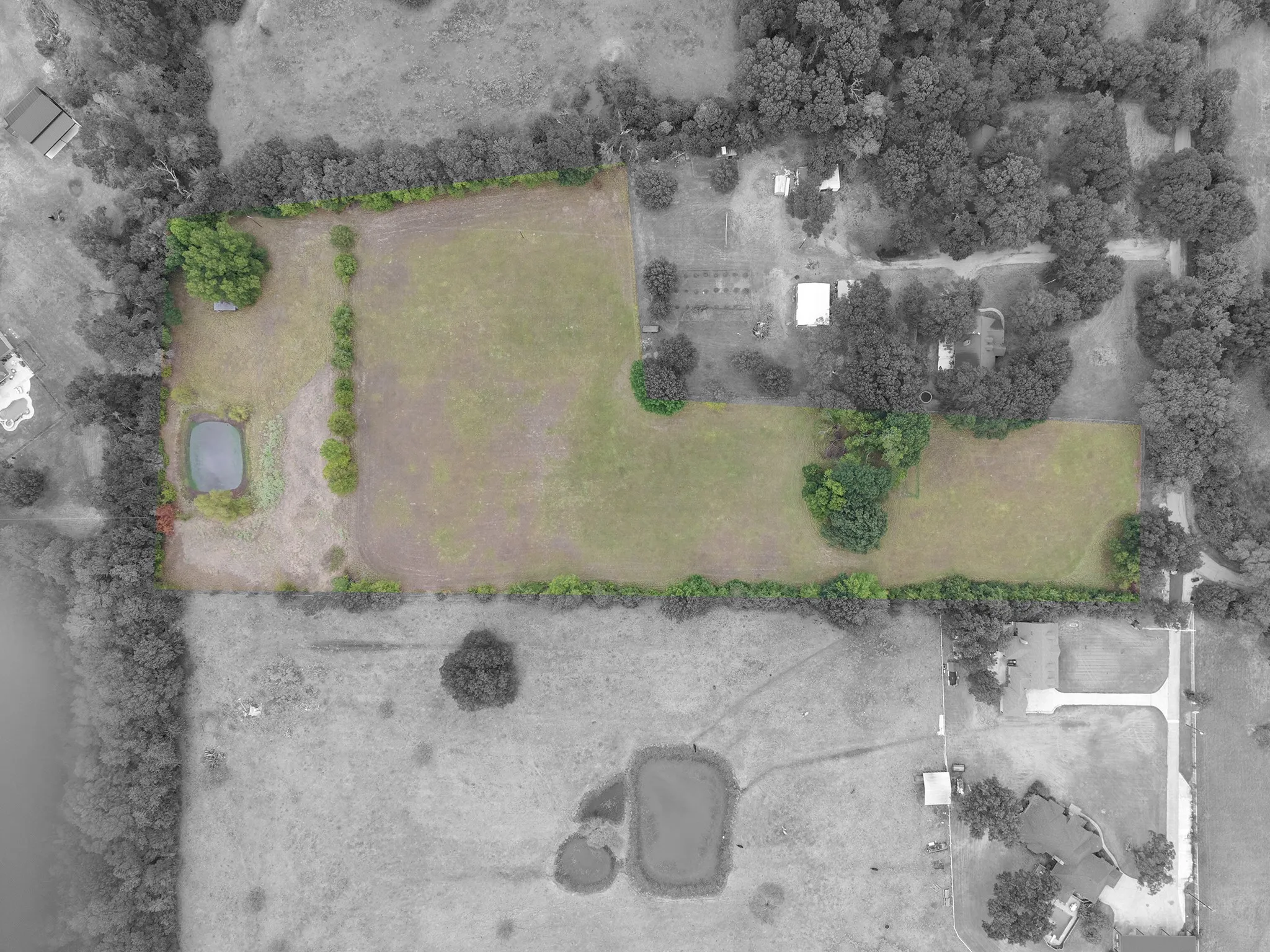 Expansive land parcel featuring open fields, mature trees, and a natural pond