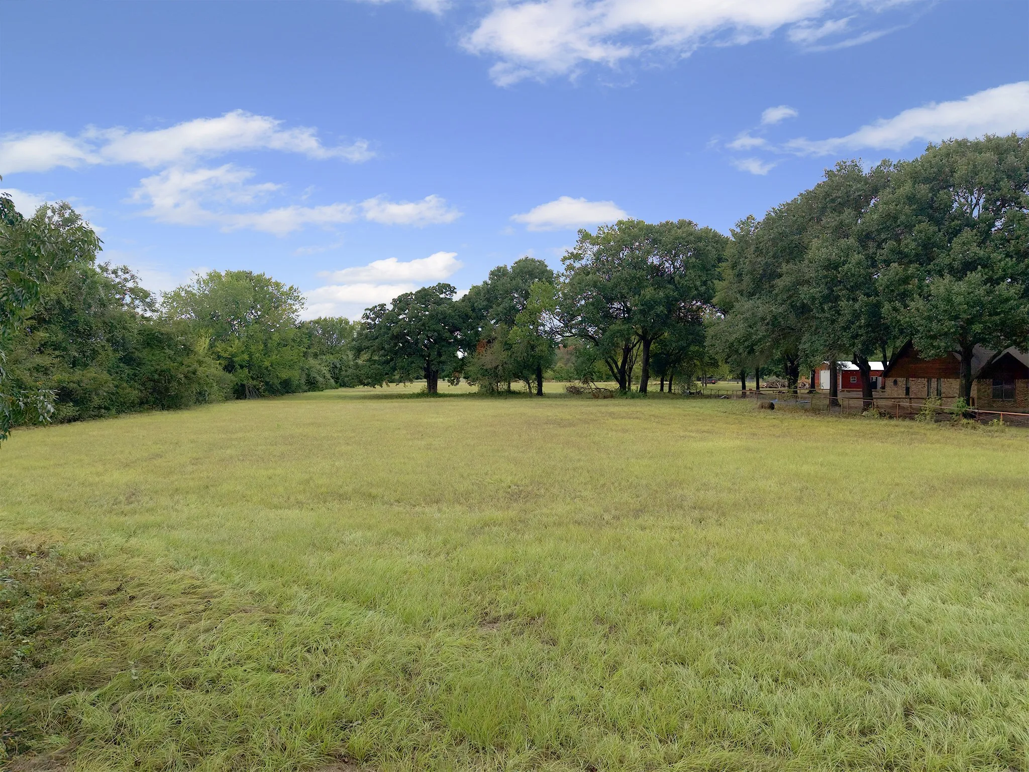 Expansive grassy lot bordered by mature trees and natural foliage