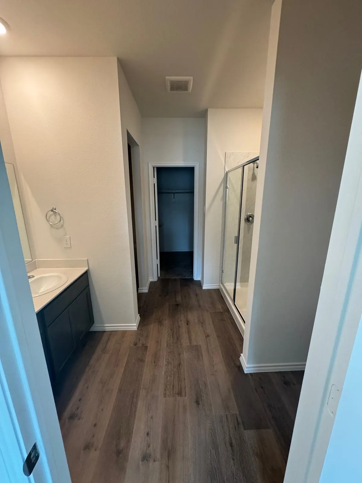 Full bath featuring a walk in closet, vanity, a stall shower, and dark wood-style flooring