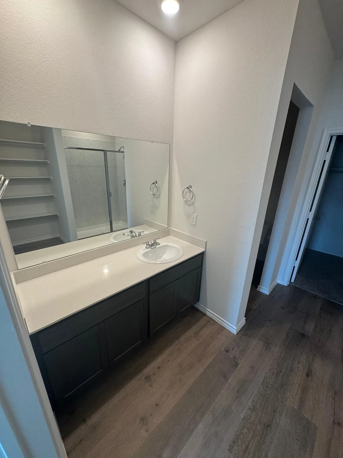 Bathroom featuring dark wood-style flooring, vanity, a stall shower, a textured wall, and a closet