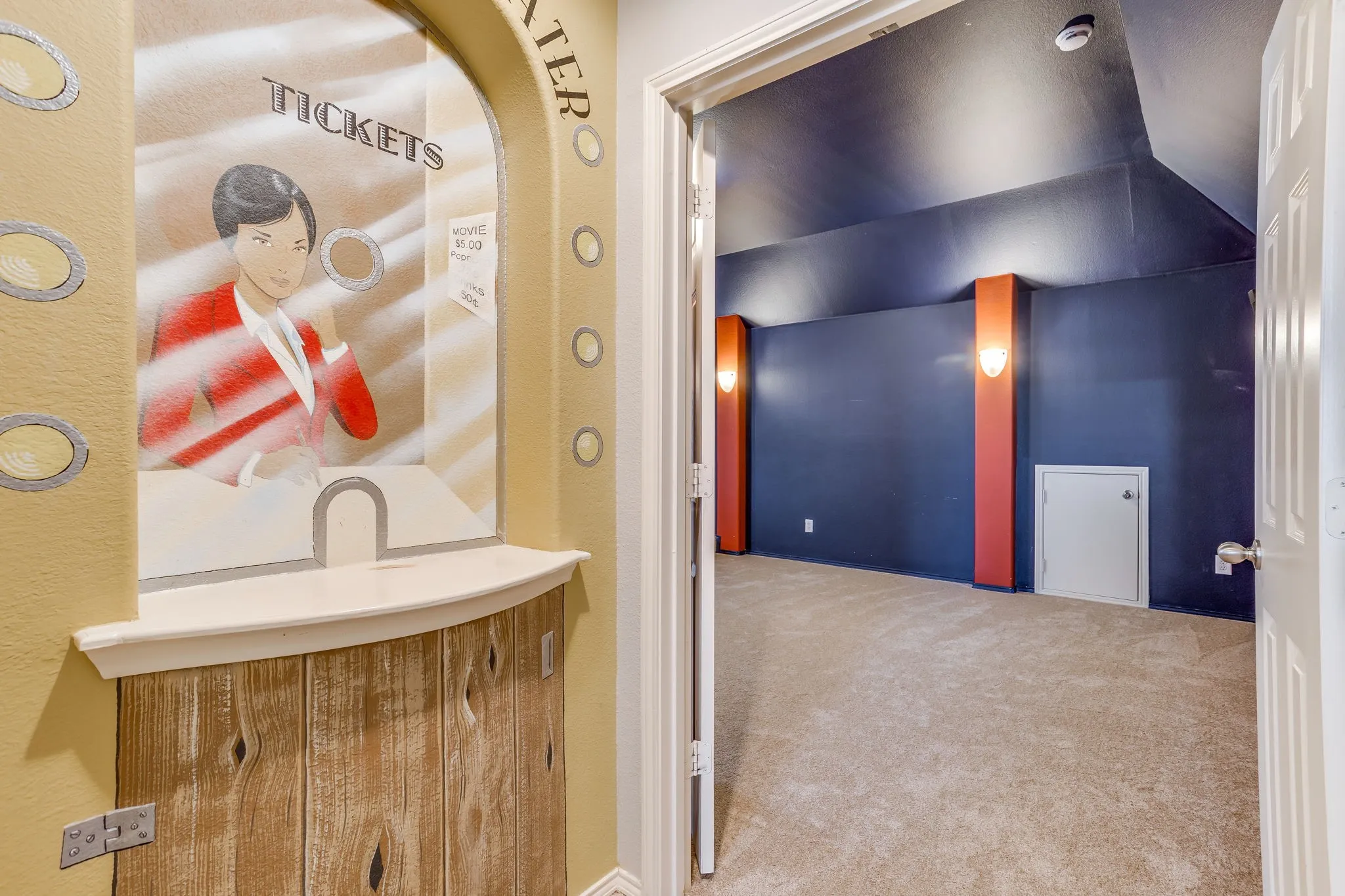 Textured carpet flooring with deep blue walls and ceiling