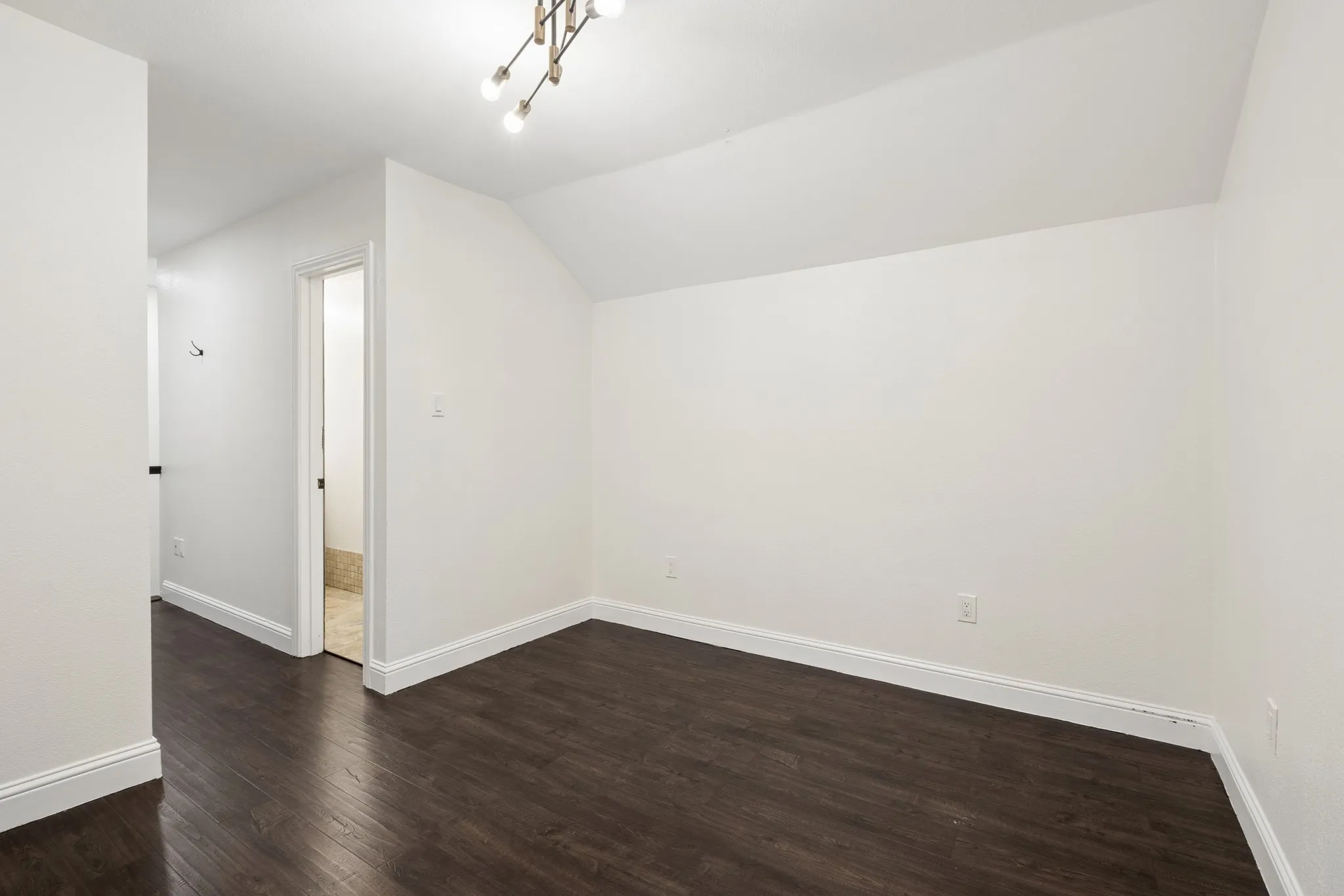 Dark wood-finish flooring with white baseboards, crisp white walls, and a contemporary ceiling light fixture
