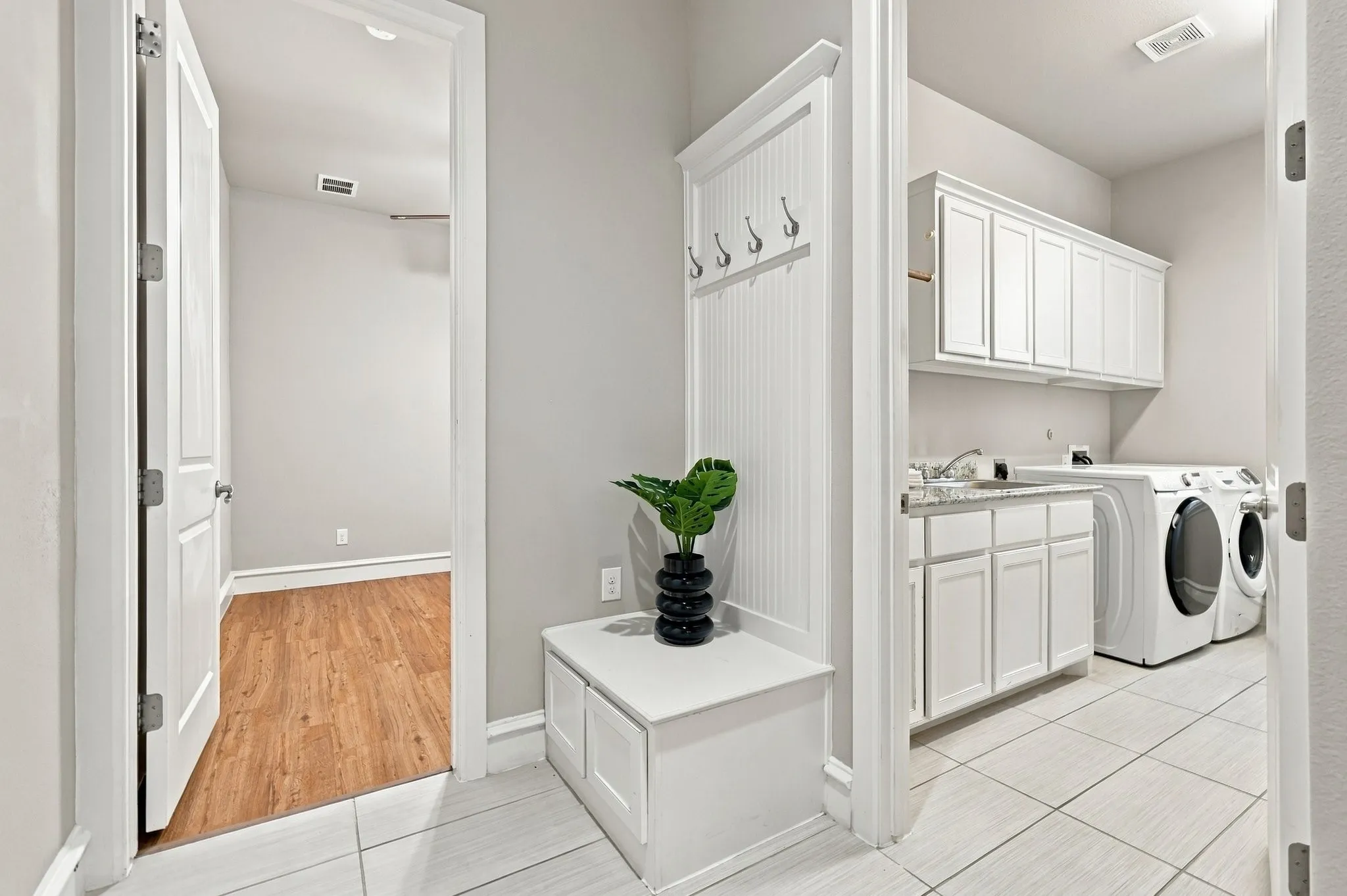 Built-in cubby area outside the laundry room