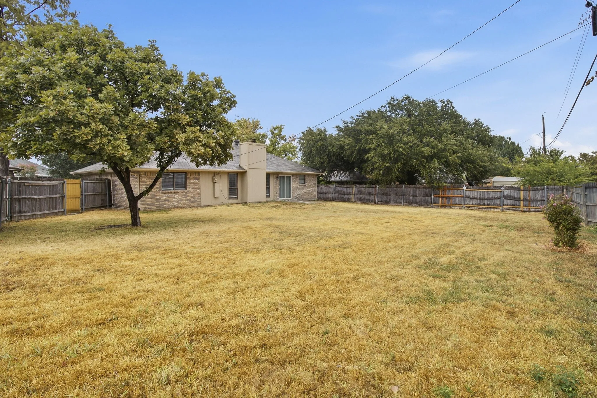 Expansive backyard featuring a large tree, wooden fencing, and a brick and stucco exterior with sliding glass doors