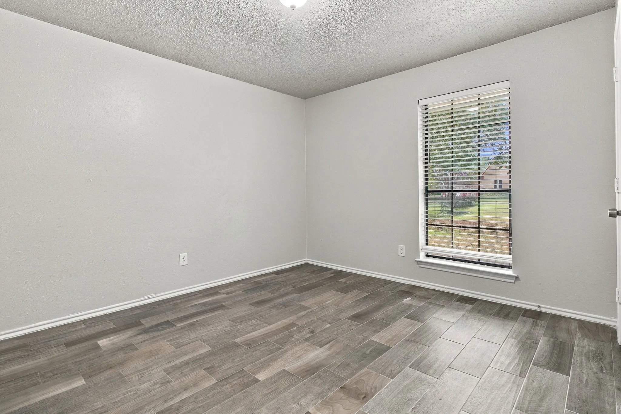 Light gray walls complementing wood-finish plank flooring