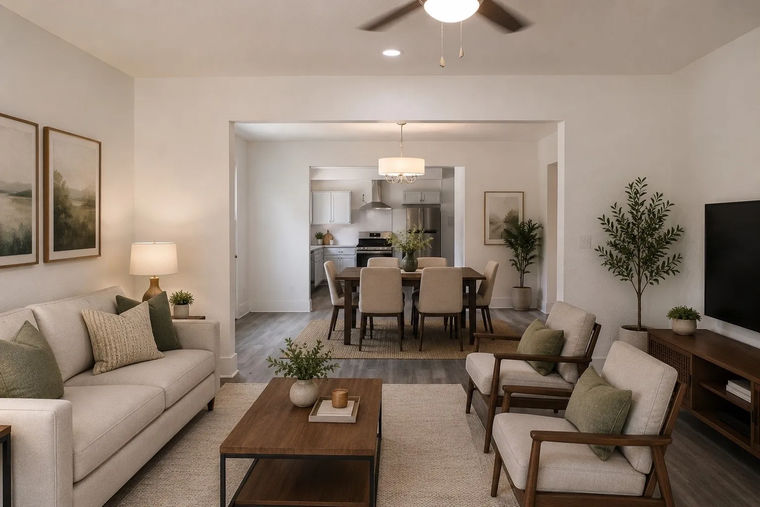 Open-concept living area with light-colored walls, recessed lighting, and a ceiling fan