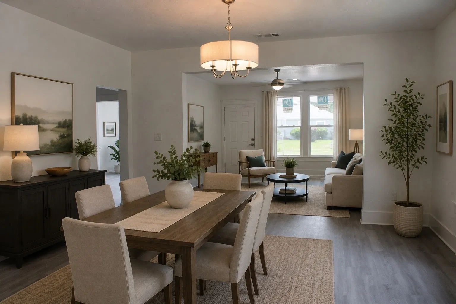 Open-concept living area featuring wood-finish flooring, a contemporary chandelier, recessed lighting, and a ceiling fan