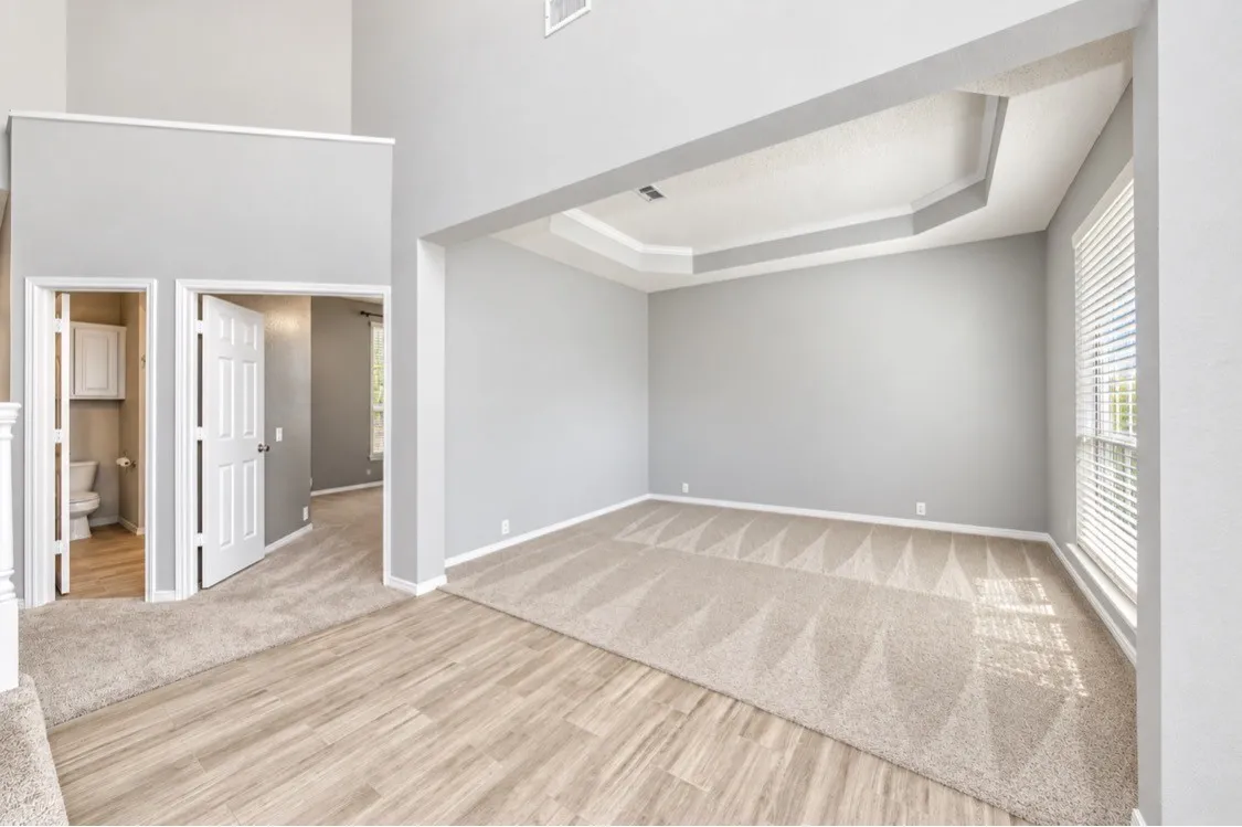 Tray ceiling, large window with blinds, wood-finish flooring, and light gray wall paint